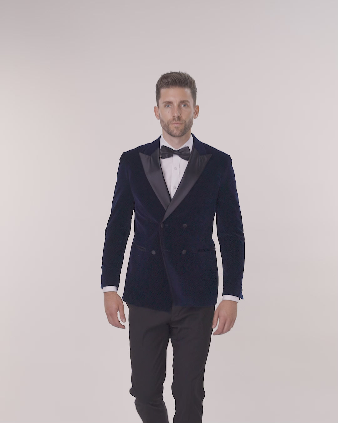 SMITH-NAVY TUXEDO DOUBLE BREASTED VELVET BLAZER