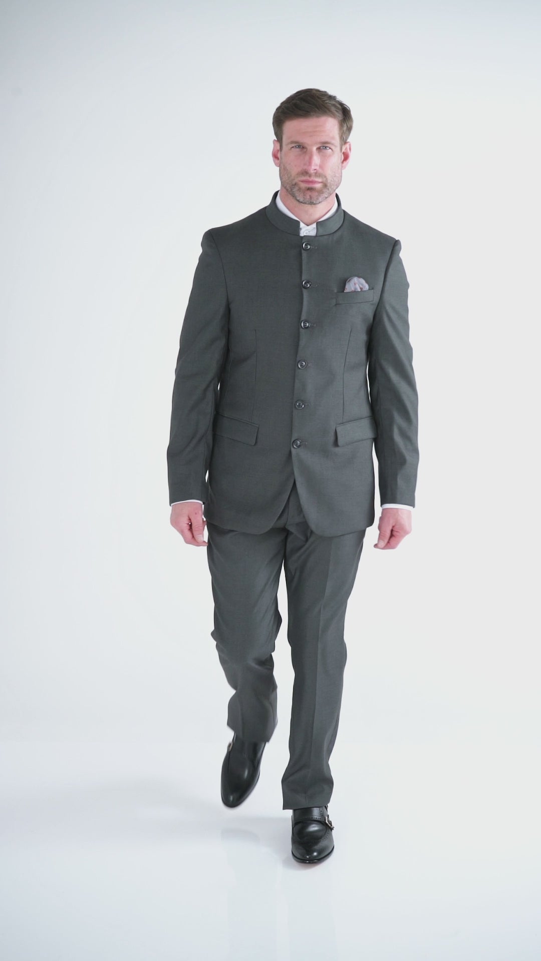 Grauer Nehru-Jackenanzug mit chinesischem Grandad-Kragen