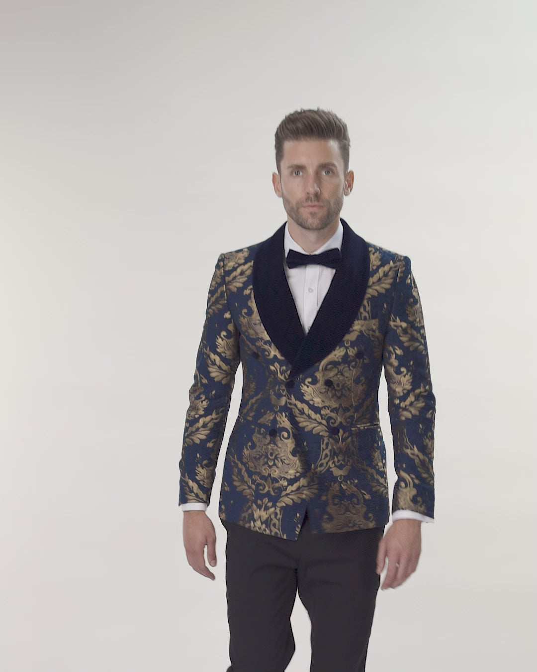 GLEN - Gold Brocade on Navy Jacquard Double Breasted Jacket