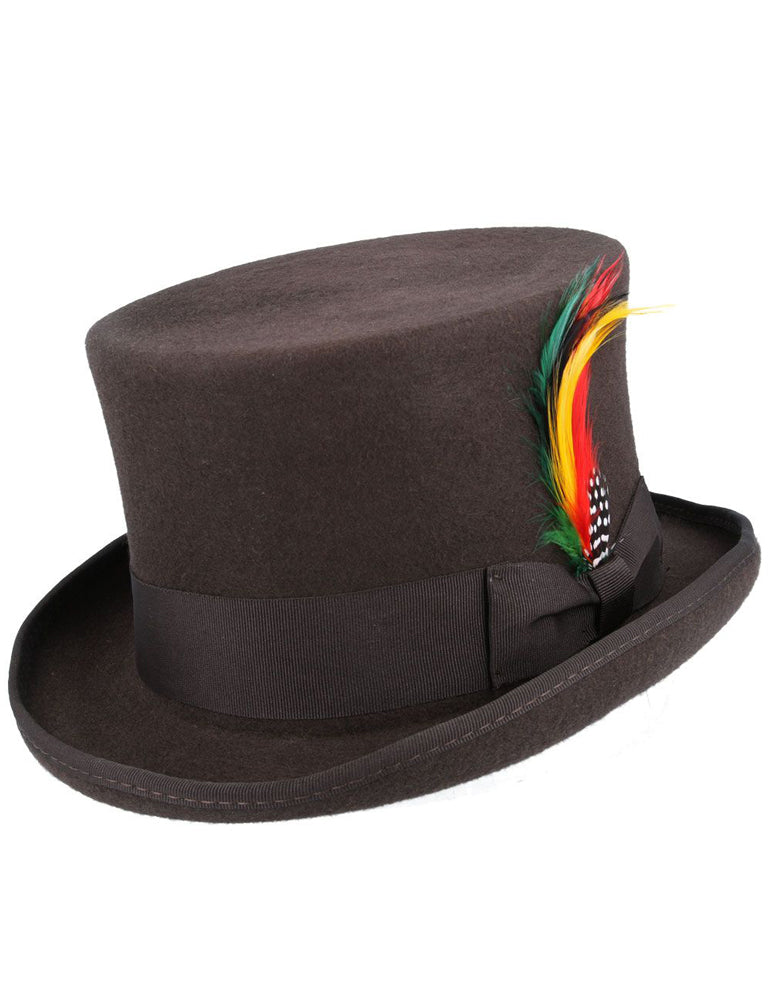 BROWN PURE WOOL TOP HAT WITH FEATHER