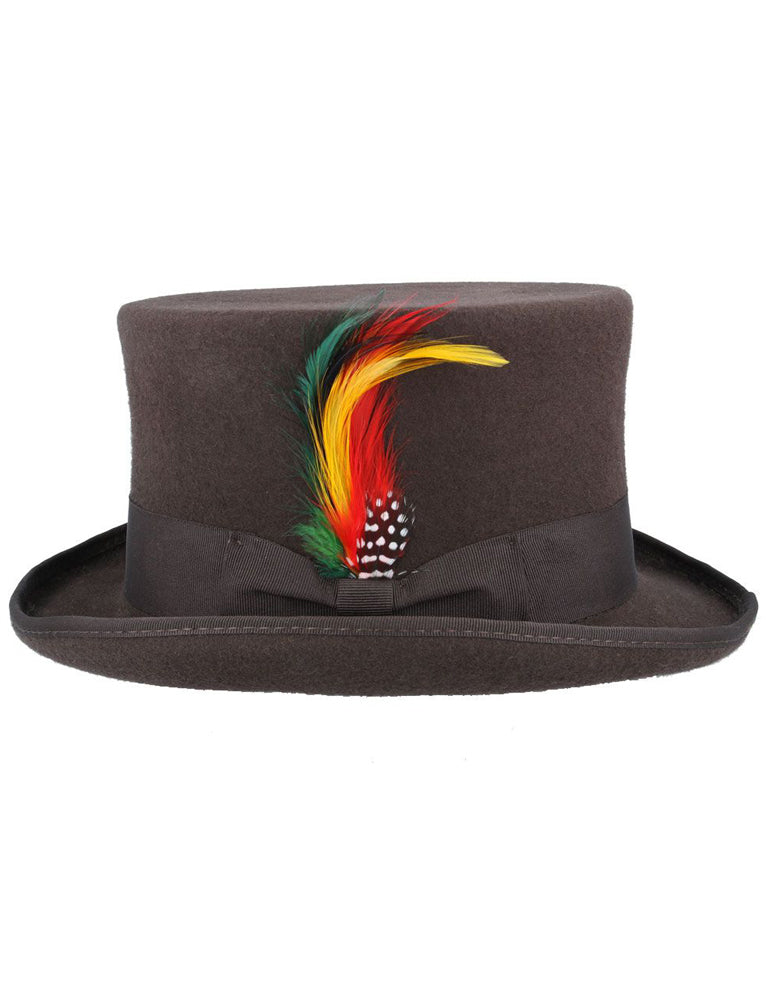 BROWN PURE WOOL TOP HAT WITH FEATHER