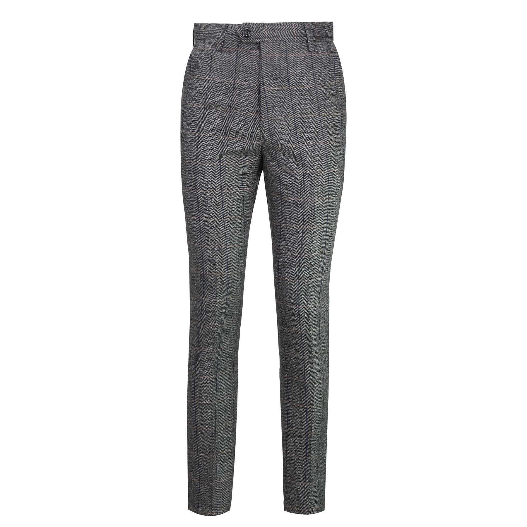 TWEED HERRINGBONE CHECK TROUSERS IN GREY