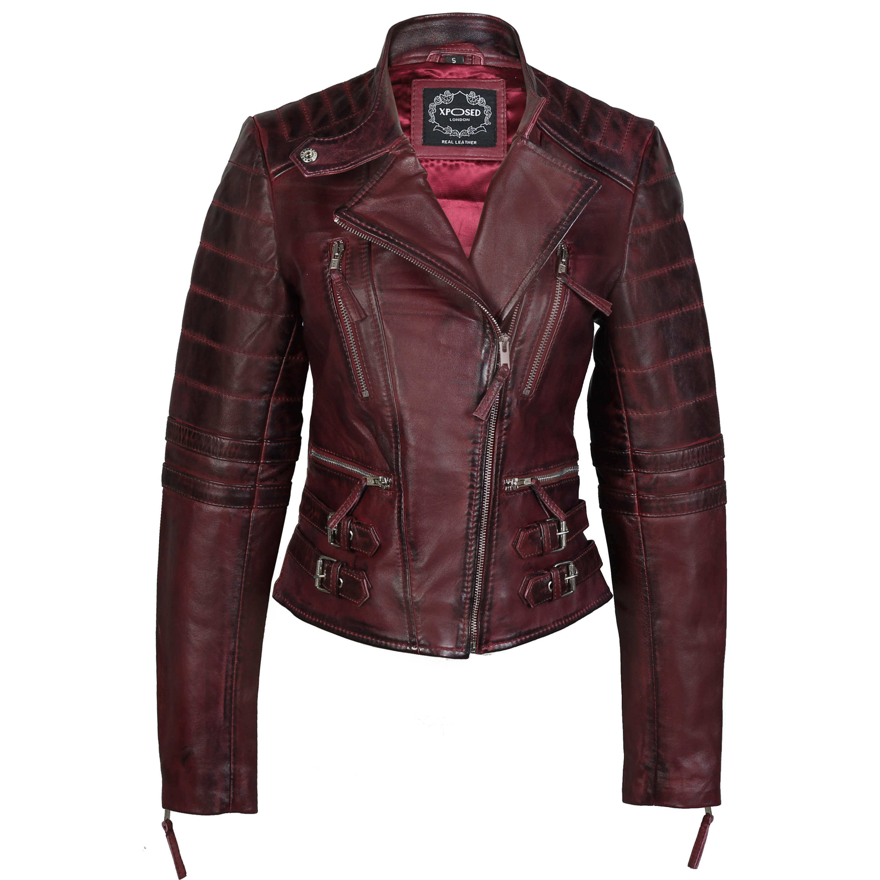 Ladies Real Leather Biker Jacket Slim Fit In Wine