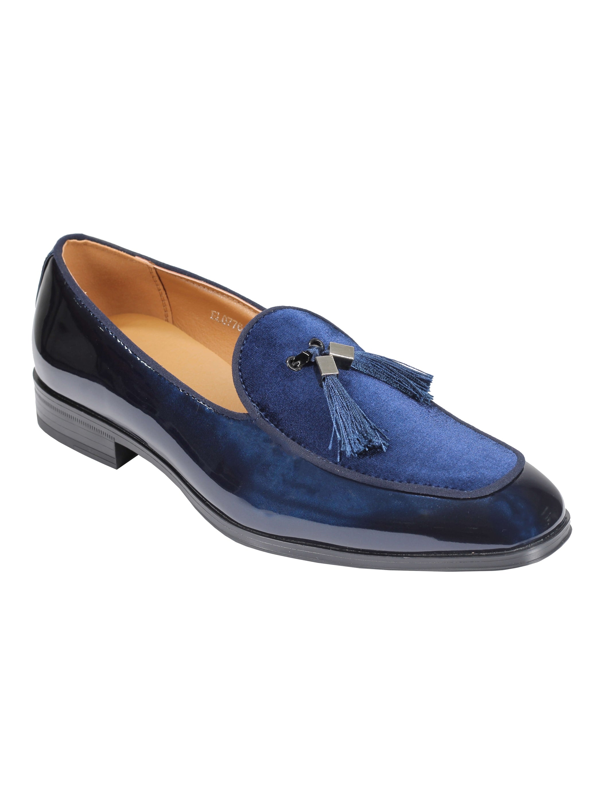 NAVY SHINY FAUX LEATHER TASSEL LOAFERS