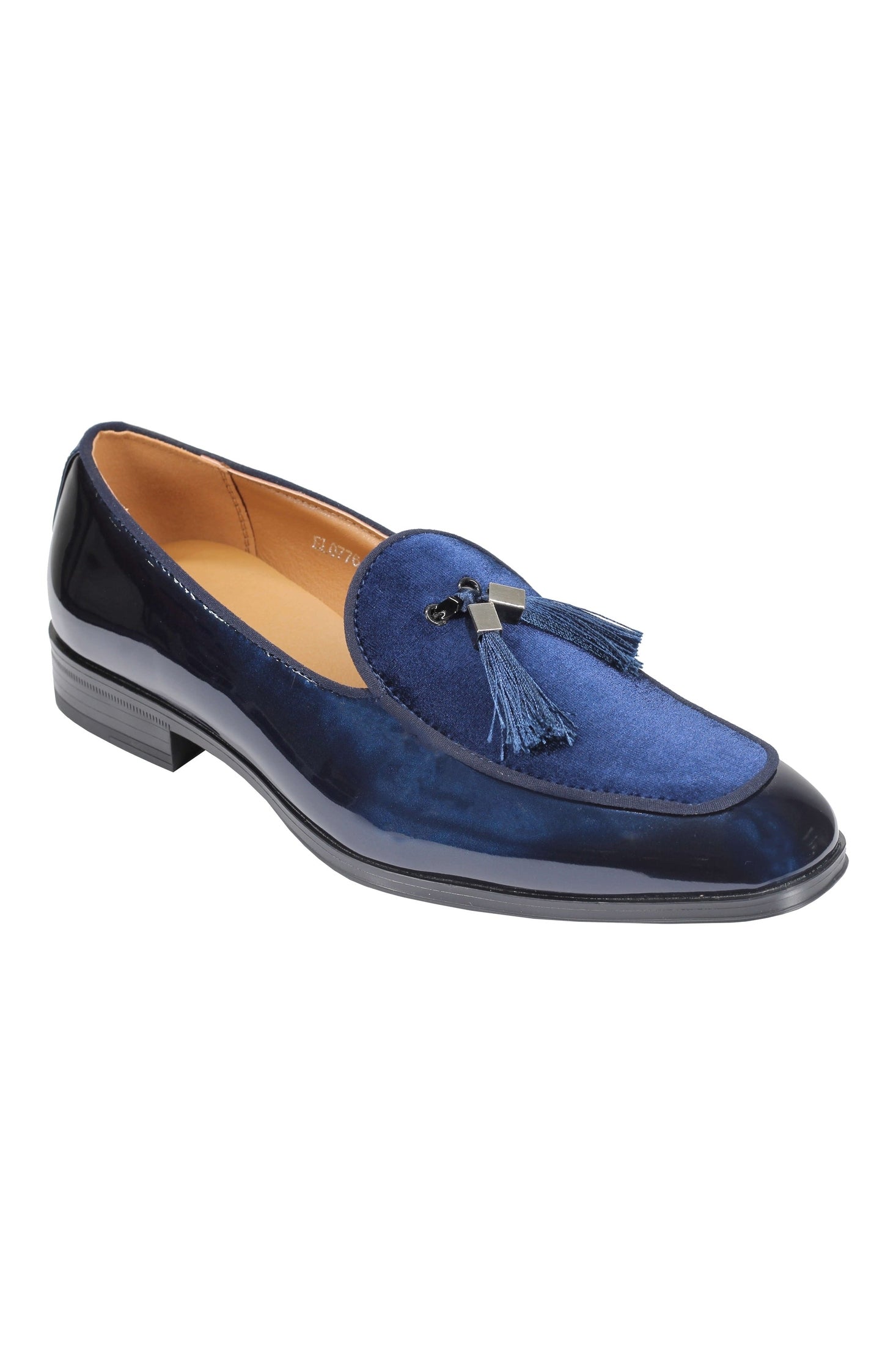 NAVY SHINY FAUX LEATHER TASSEL LOAFERS