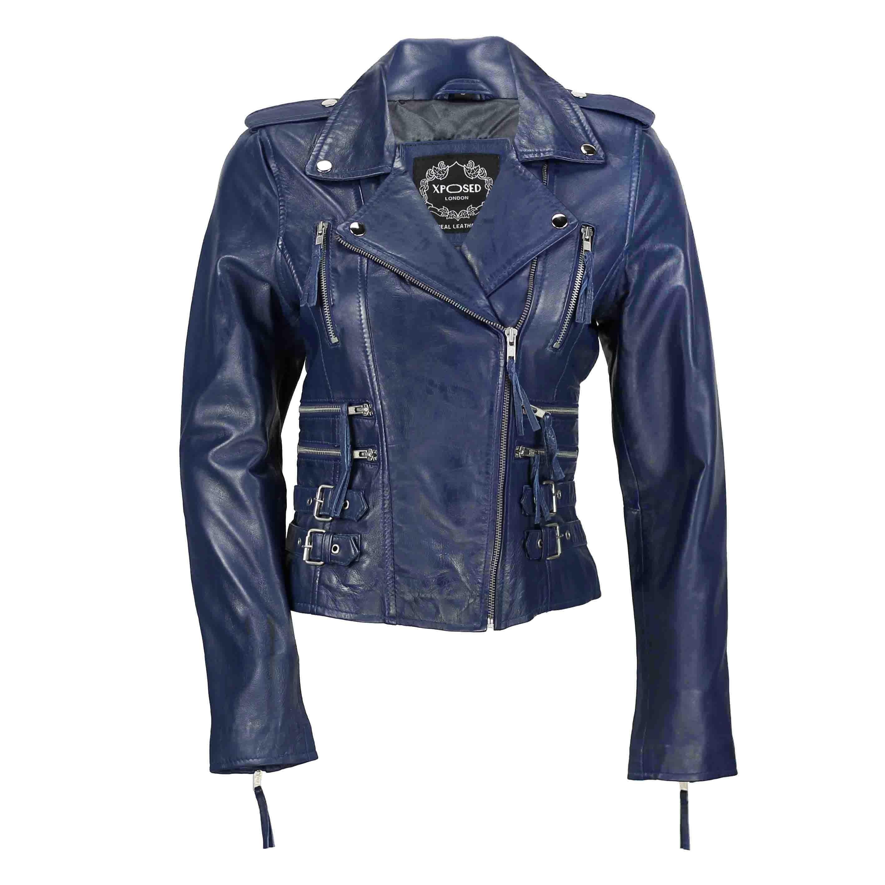 Fitted Leather Biker Jacket Blue