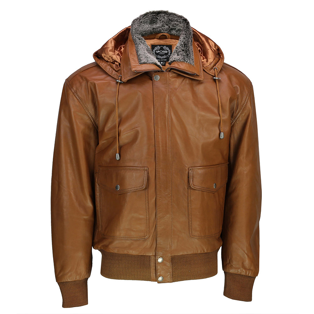 BOMBER FUR COLLAR LEATHER JACKET WITH HOOD IN TIMBER