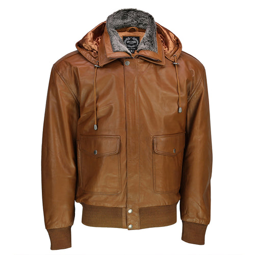 VESTE EN CUIR BOMBER COL FOURRURE AVEC CAPUCHE EN TIMBER