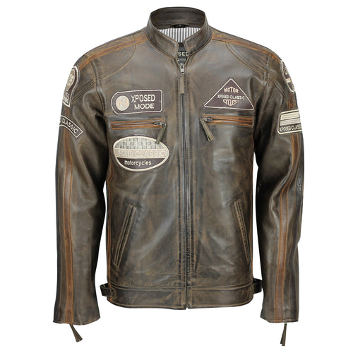 XPOSED VESTE DE MOTARD EN CUIR VÉRITABLE COUPE SLIM MARRON