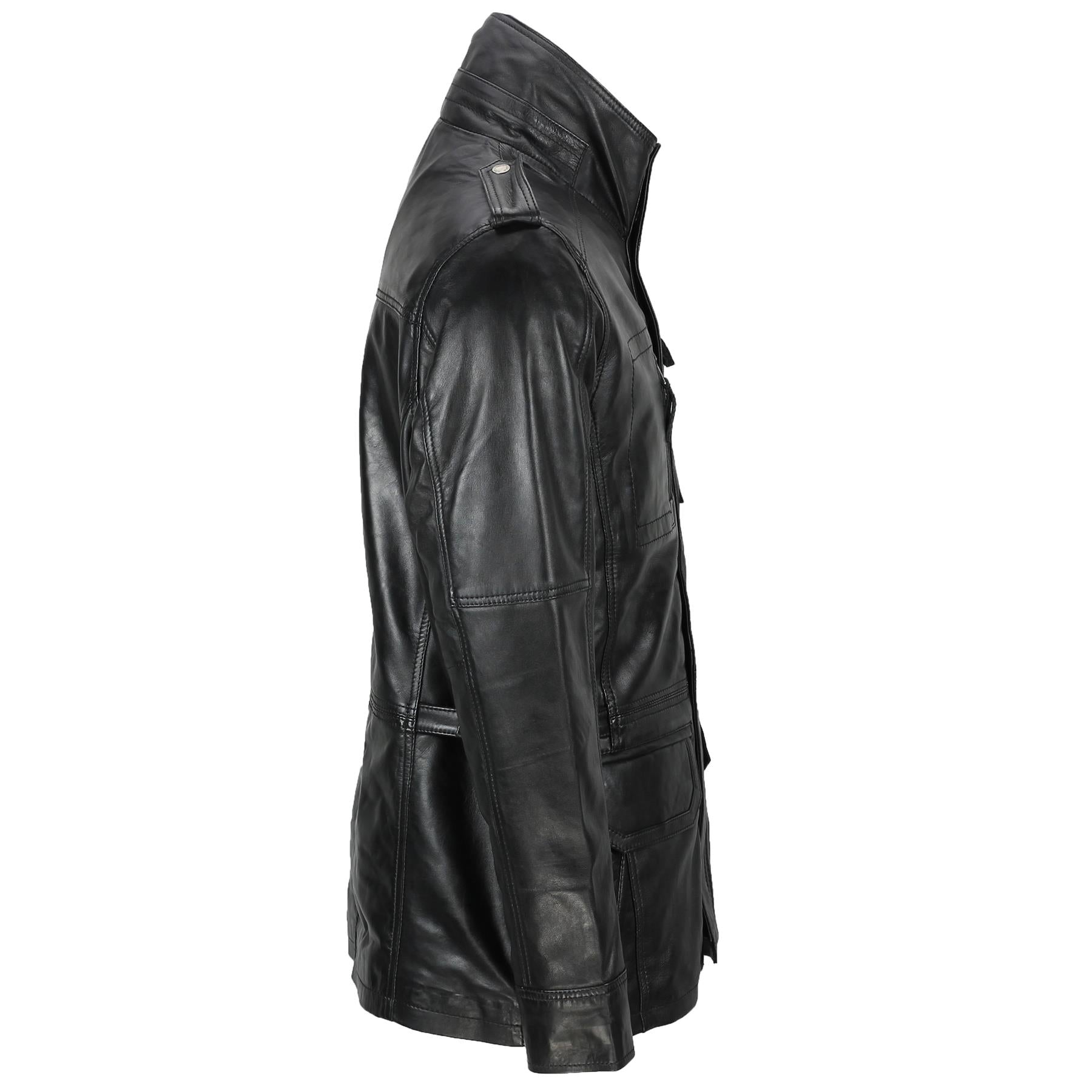 Mens Classic Black Soft Wax Real Leather Smart Vintage Jacket Military Coat