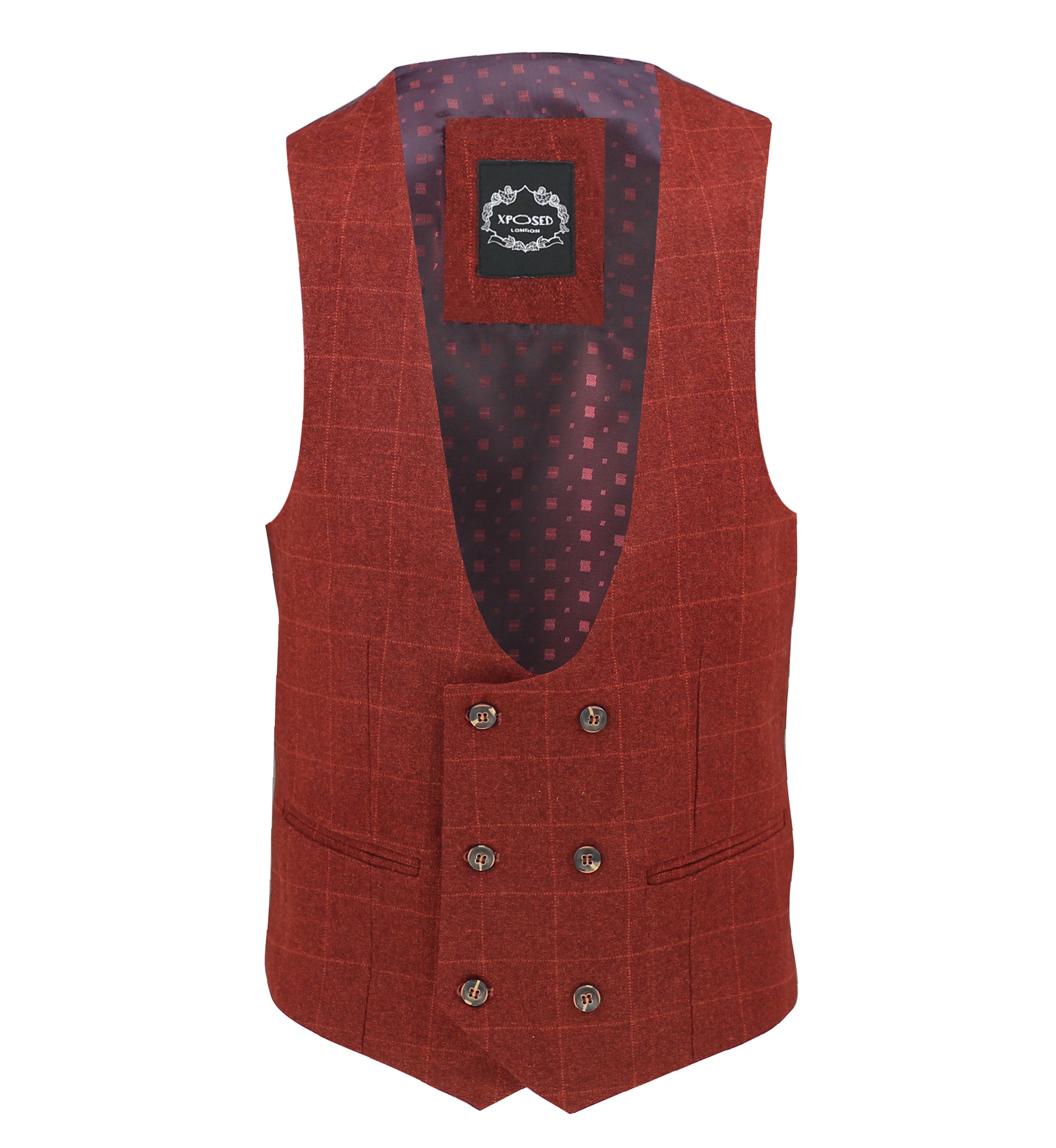 Tweed Check Double Breasted Red Waistcoat