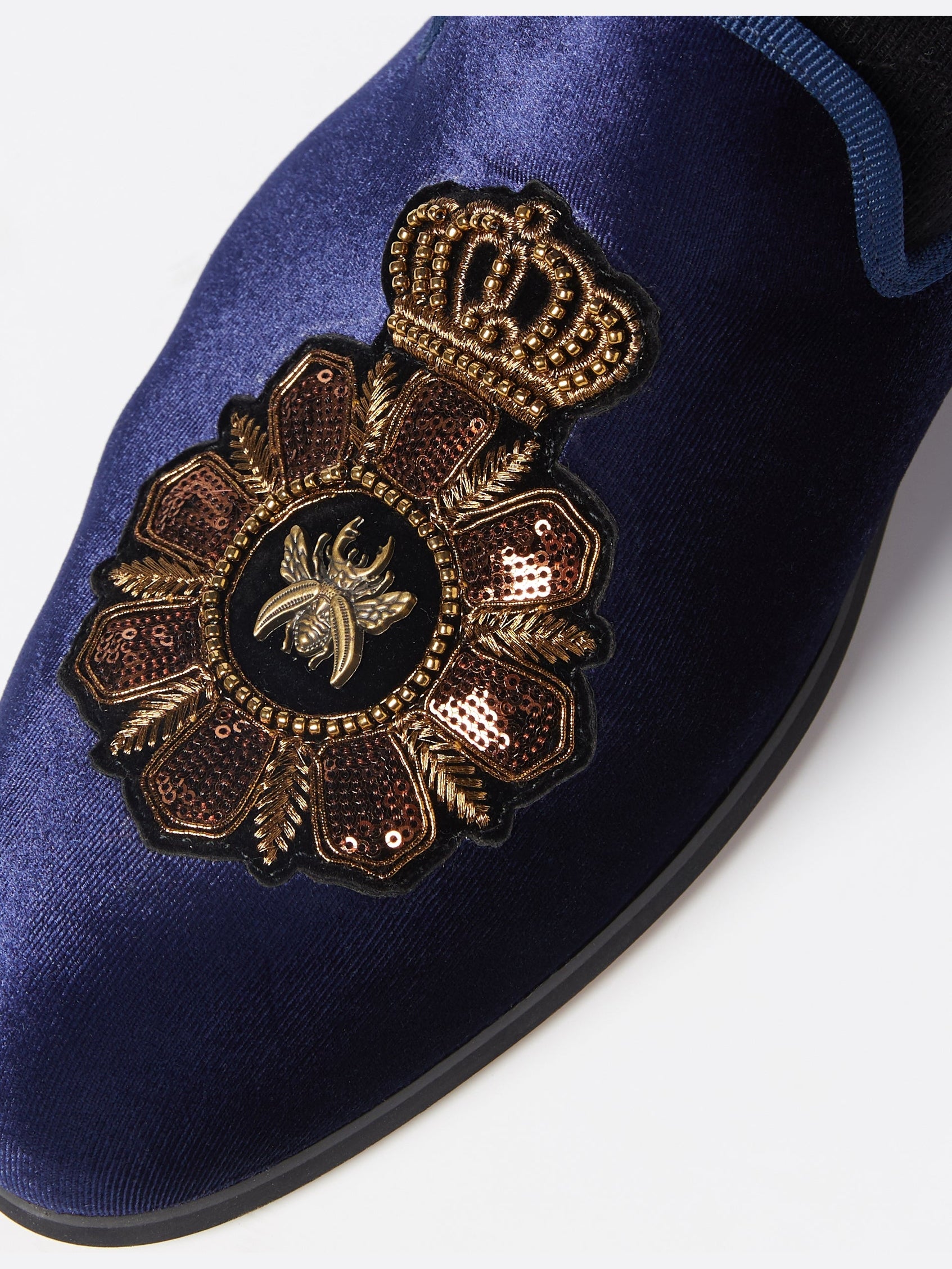 FAUX LEATHER EMBROIDERED VELVET LOAFERS IN NAVY