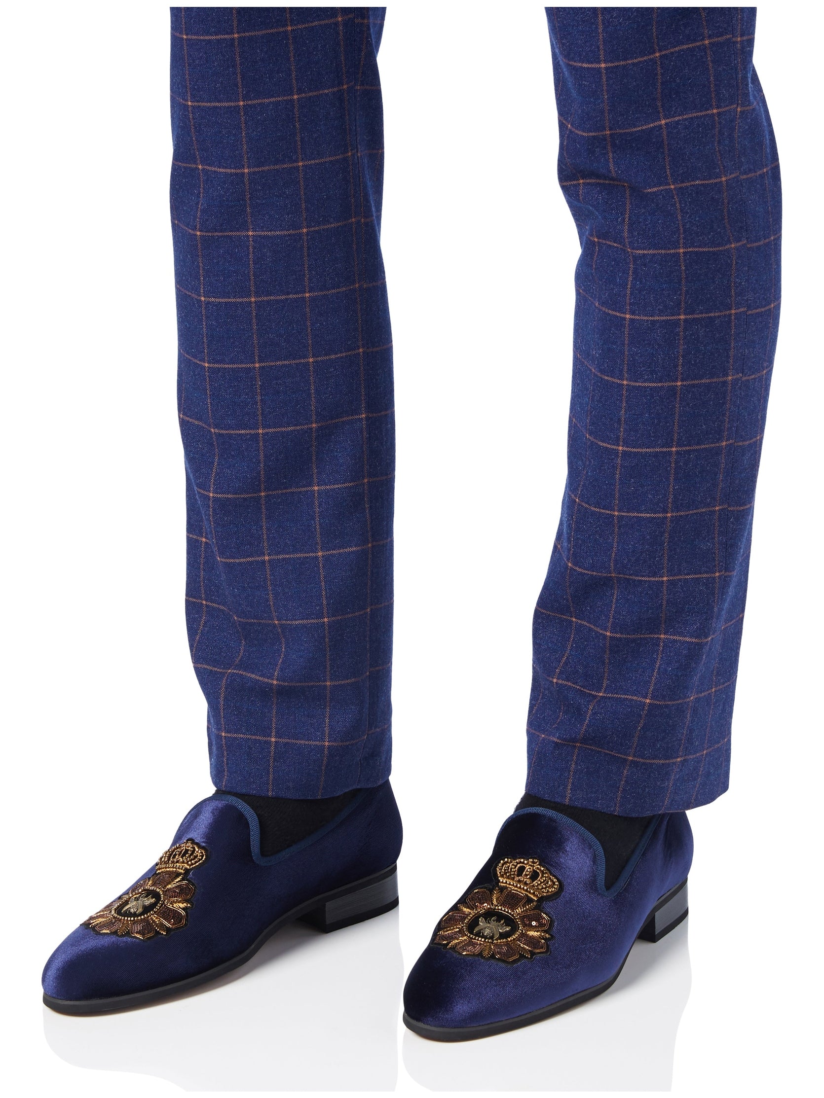 FAUX LEATHER EMBROIDERED VELVET LOAFERS IN NAVY