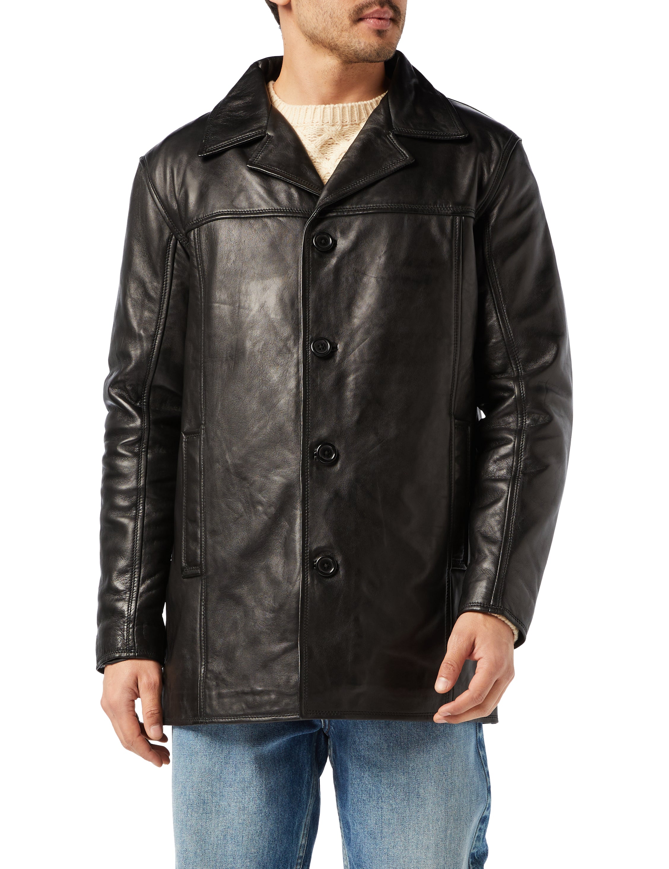 MEN'S BLACK LEATHER REEFER JACKET