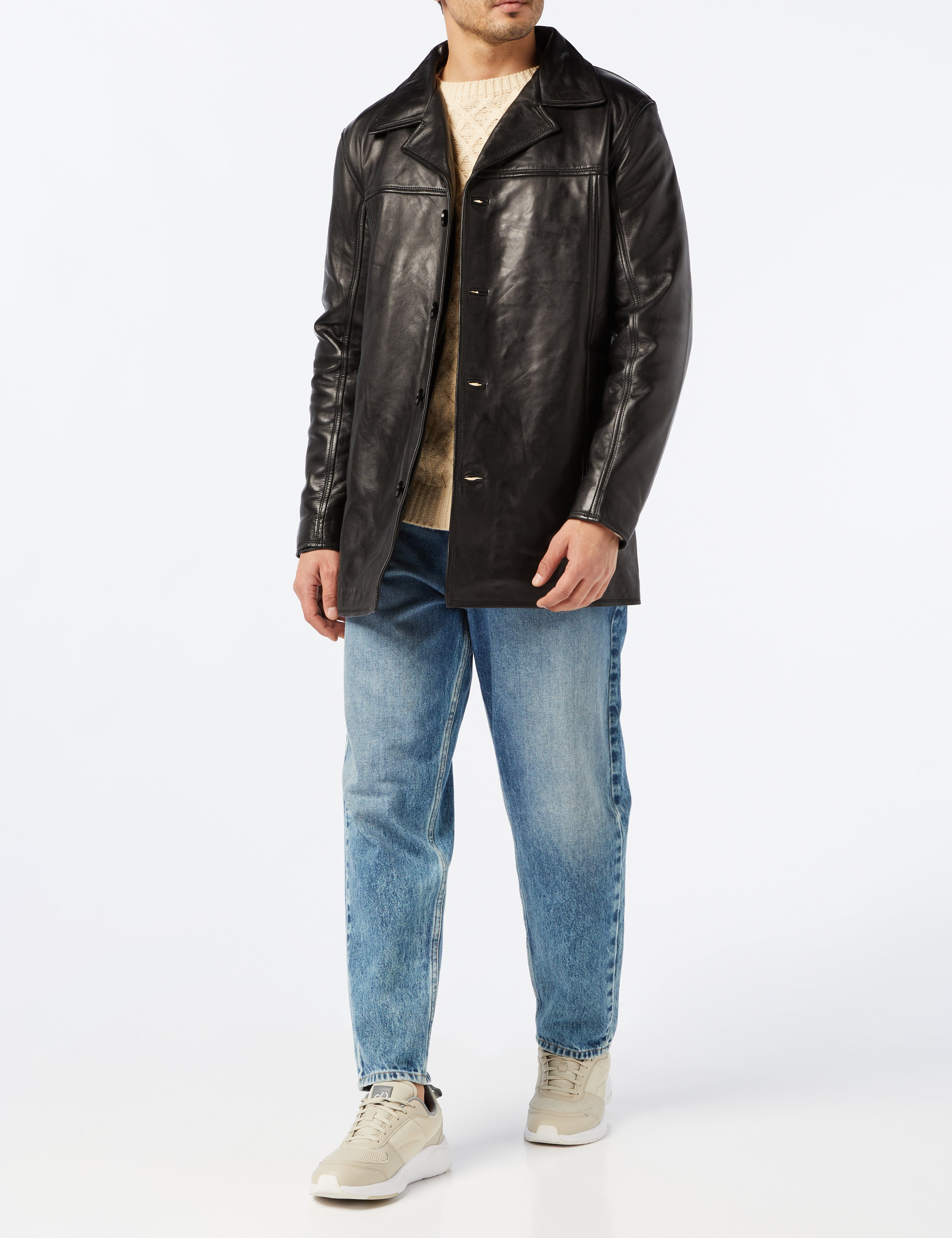 MEN'S BLACK LEATHER REEFER JACKET