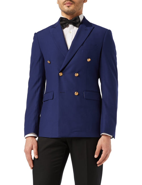 Marineblaue, zweireihige Jacke mit goldenen Knöpfen
