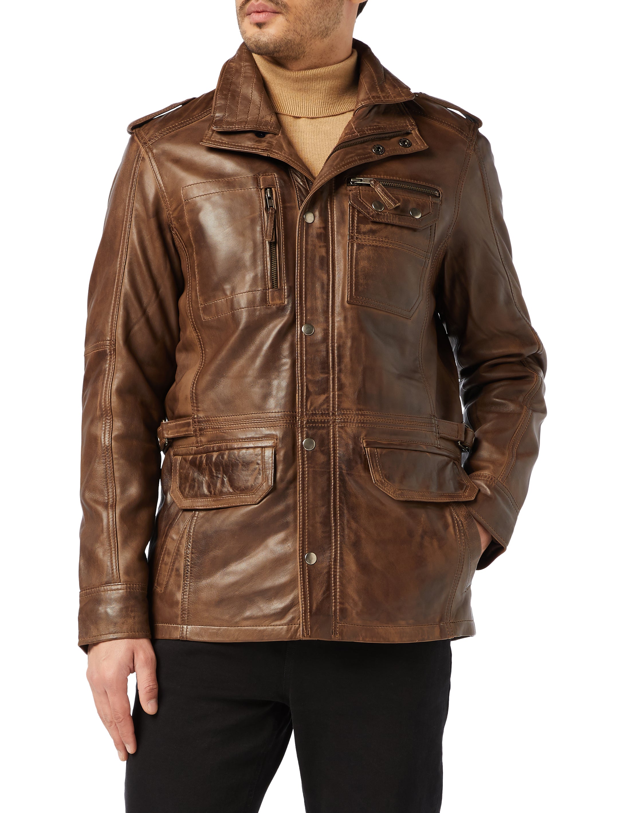 MILITARY STYLE BROWN LEATHER JACKET