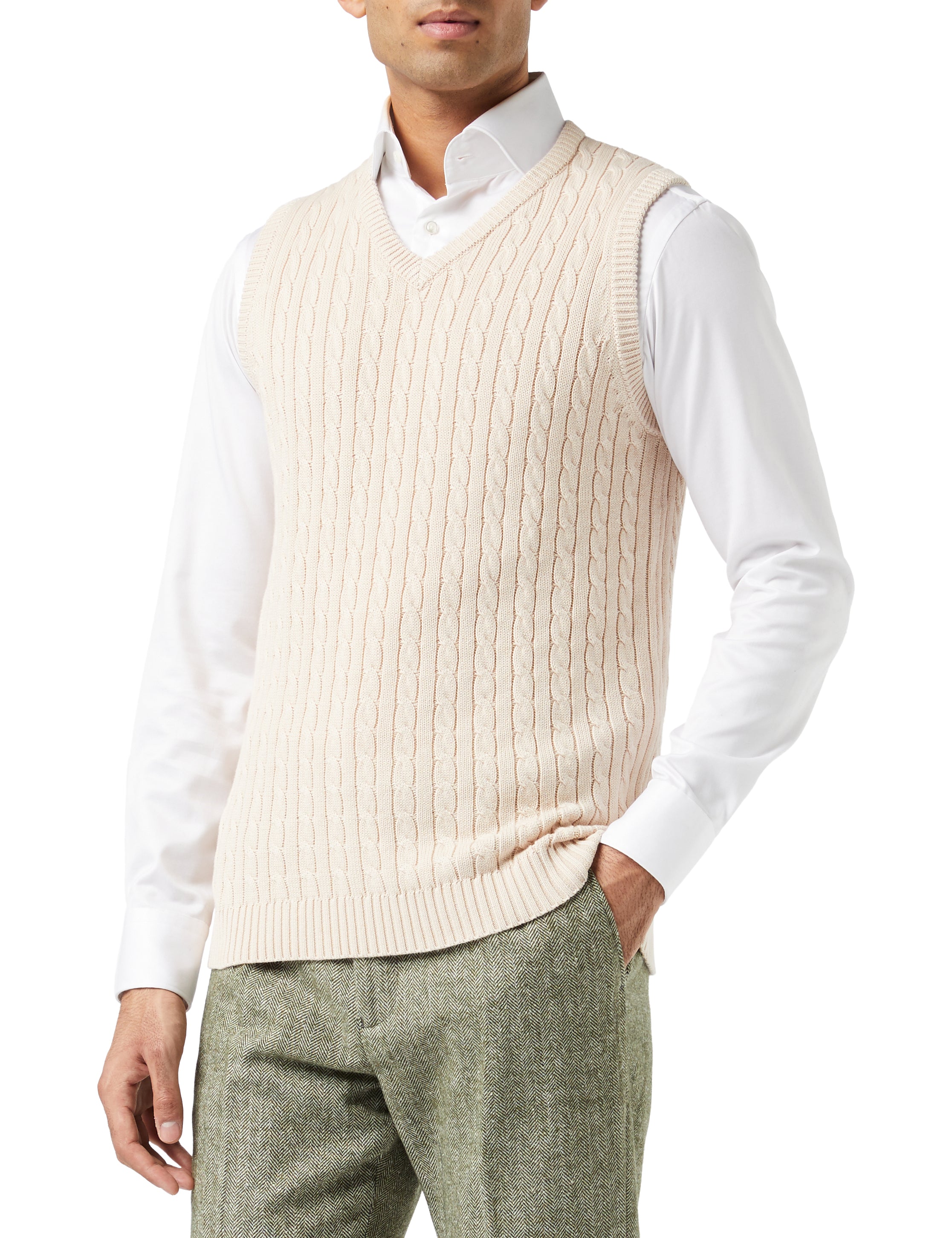 Mens Classic Knitted Sleeveless V Neck Beige Jumper