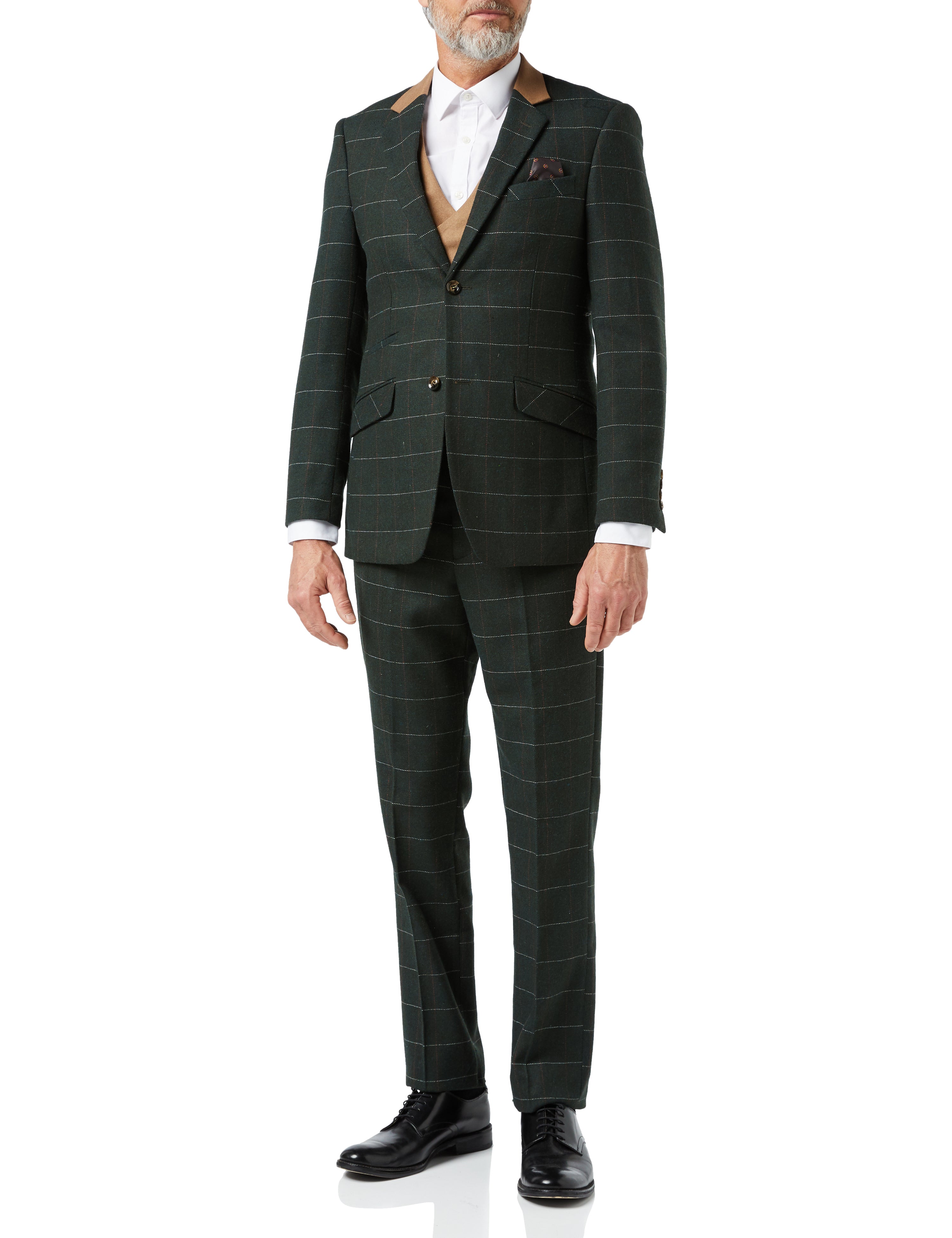 Mens Classic 3 Piece Tweed Suit Olive Green Herringbone Check Smart Tailored Fit