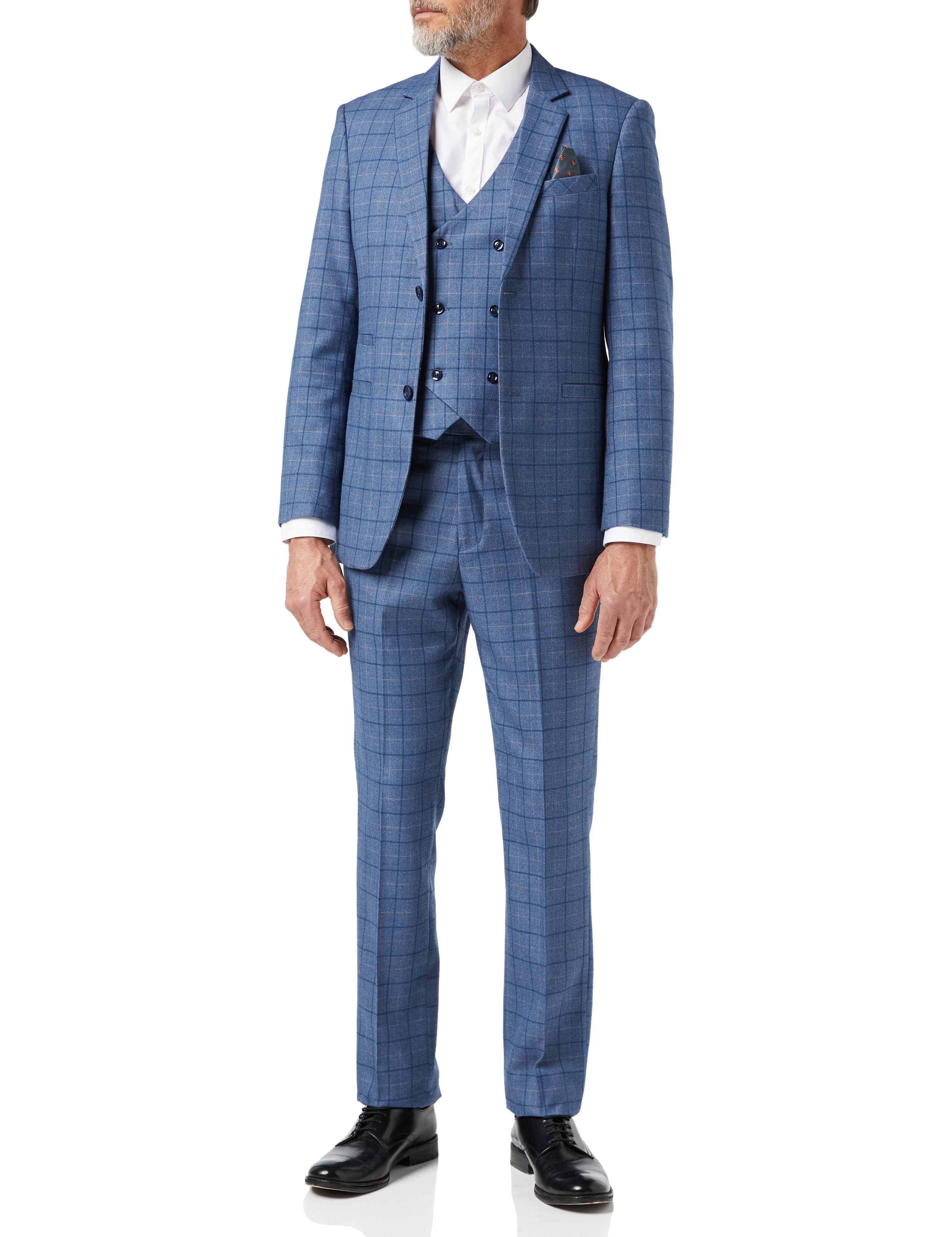 Mens 3 Piece Blue Check Suit Retro Vintage Smart Tailored Fit Classic Formal