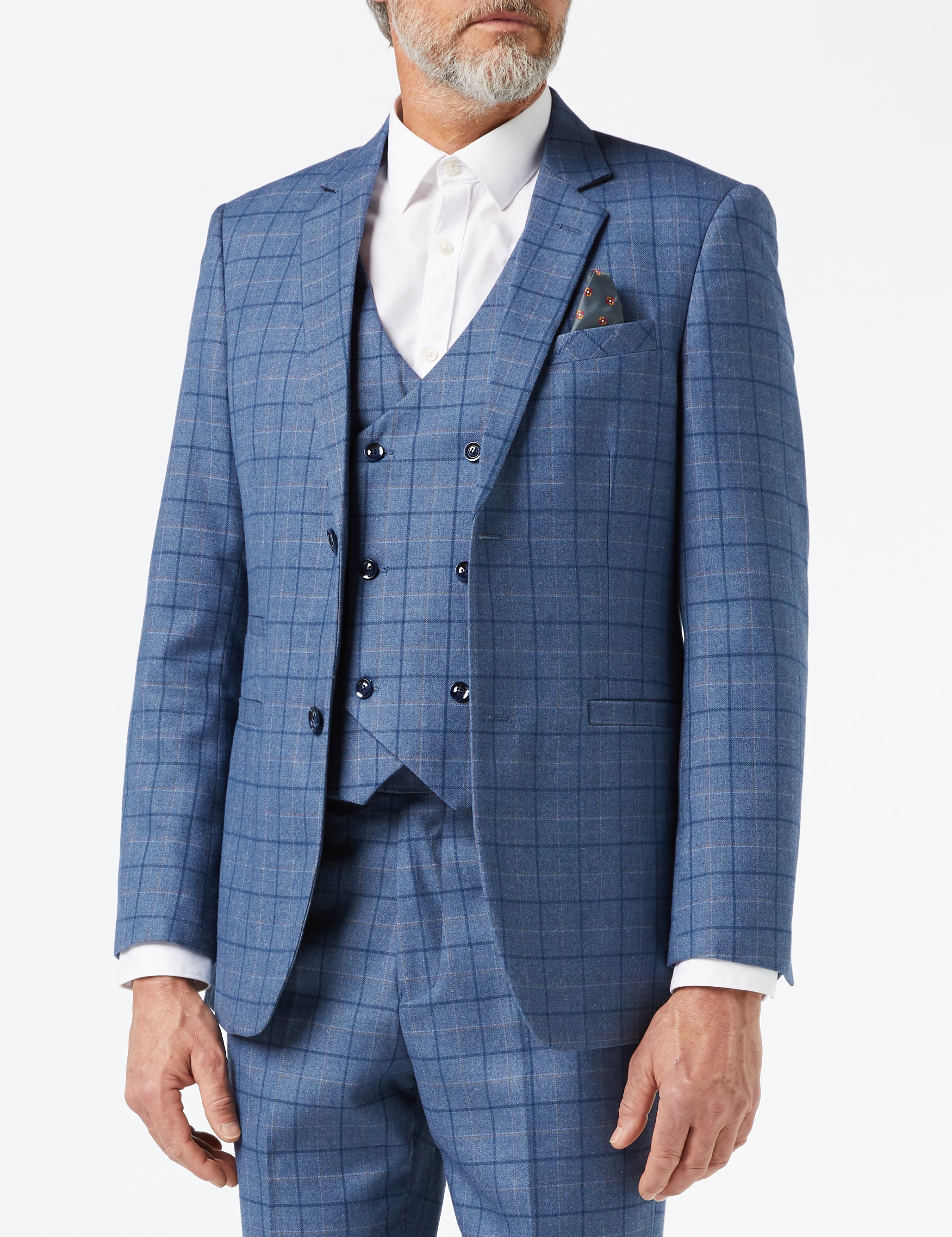 Mens 3 Piece Blue Check Suit Retro Vintage Smart Tailored Fit Classic Formal