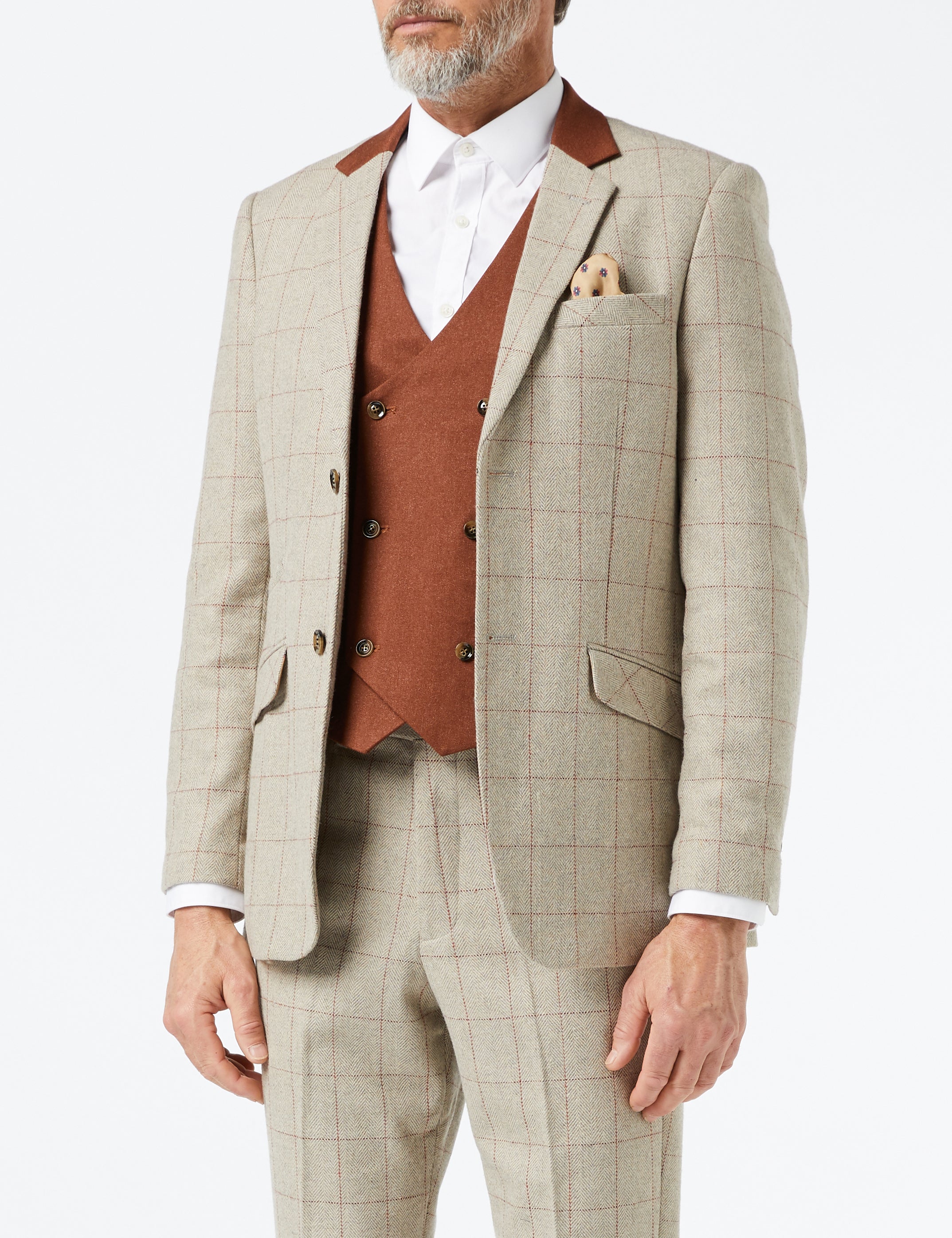 Mens 3 Piece Tweed Herringbone Red Check On Beige Mod Vintage Suit Tailored Fit