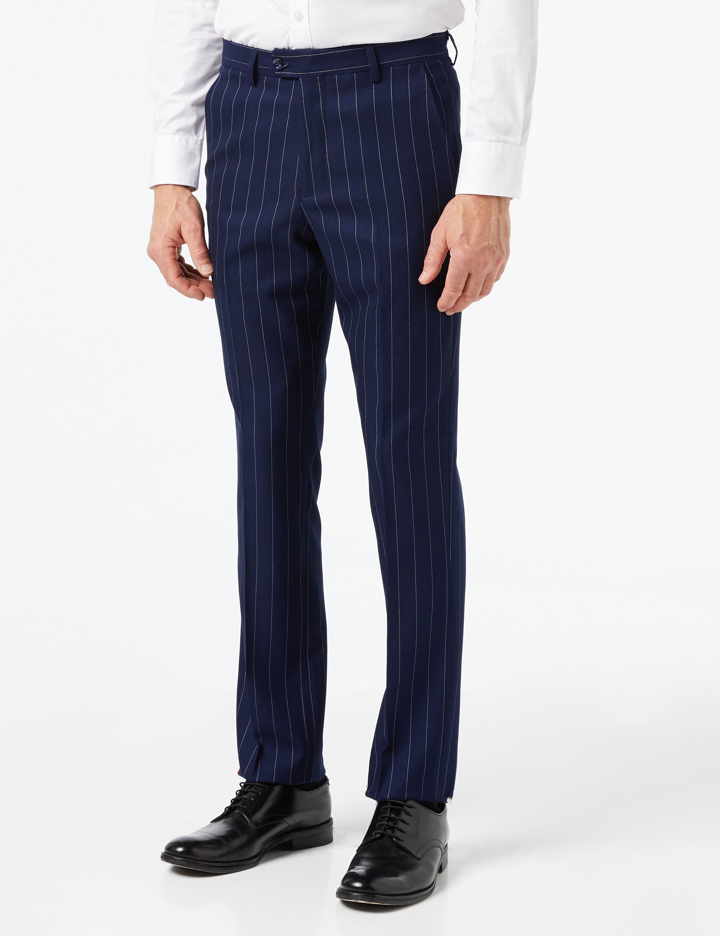White Pinstripe on Navy Suit