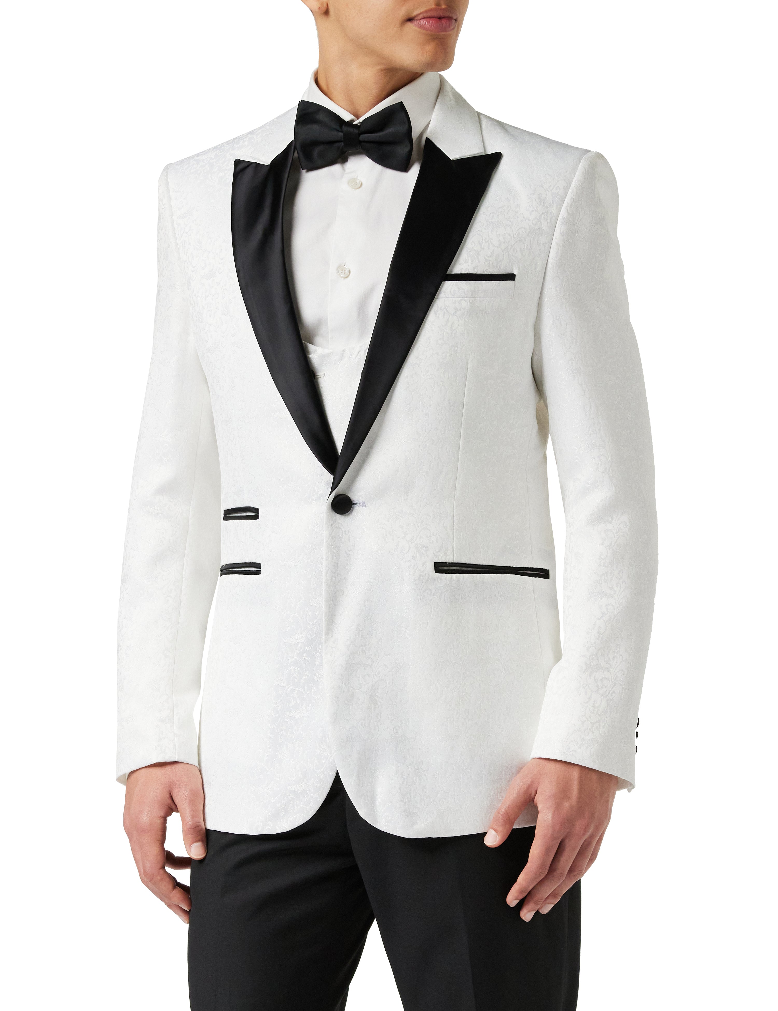 BRIAN - Floral Jacquard Print White Tuxedo Jacket With Waistcoat