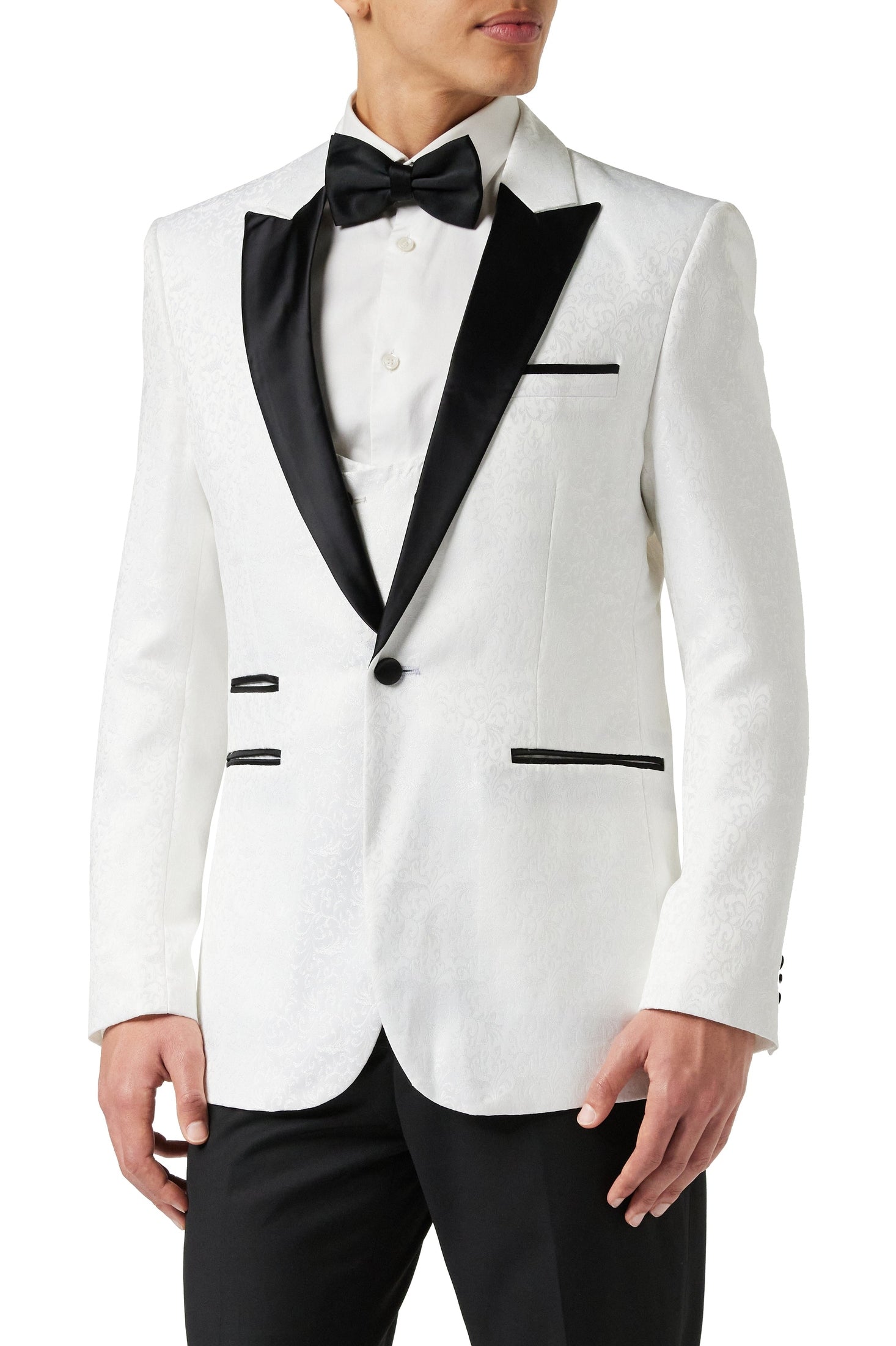 BRIAN - Floral Jacquard Print White Tuxedo Jacket With Waistcoat