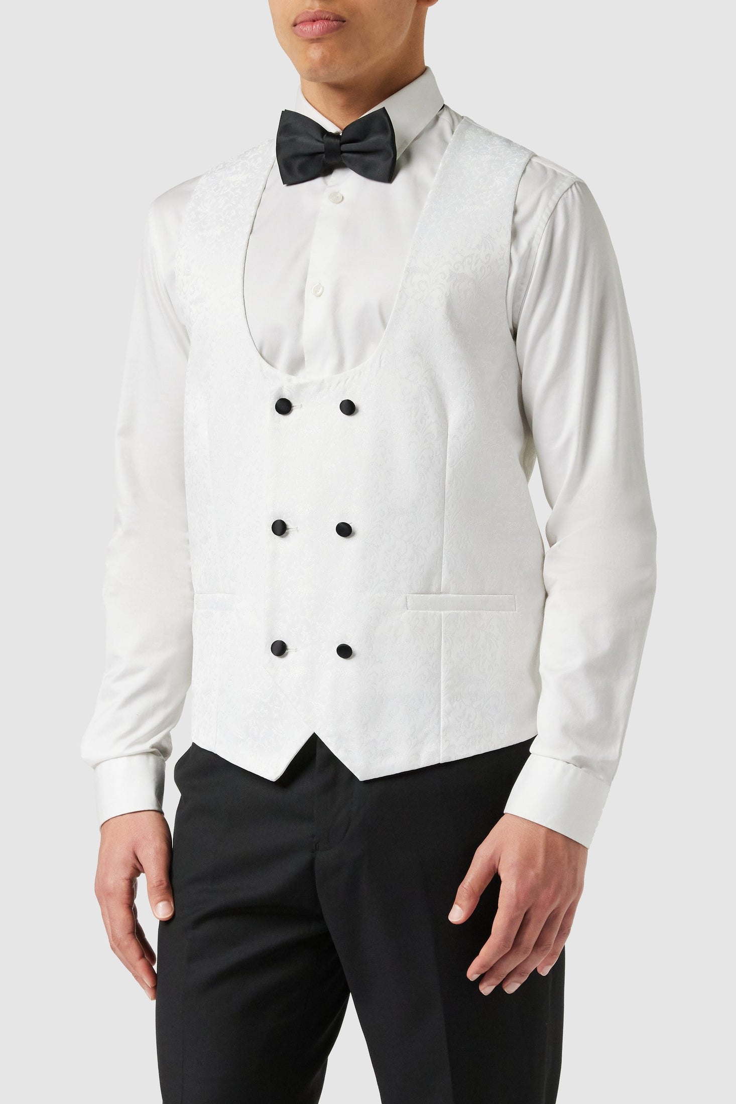BRIAN - Floral Jacquard Print White Tuxedo Jacket With Waistcoat