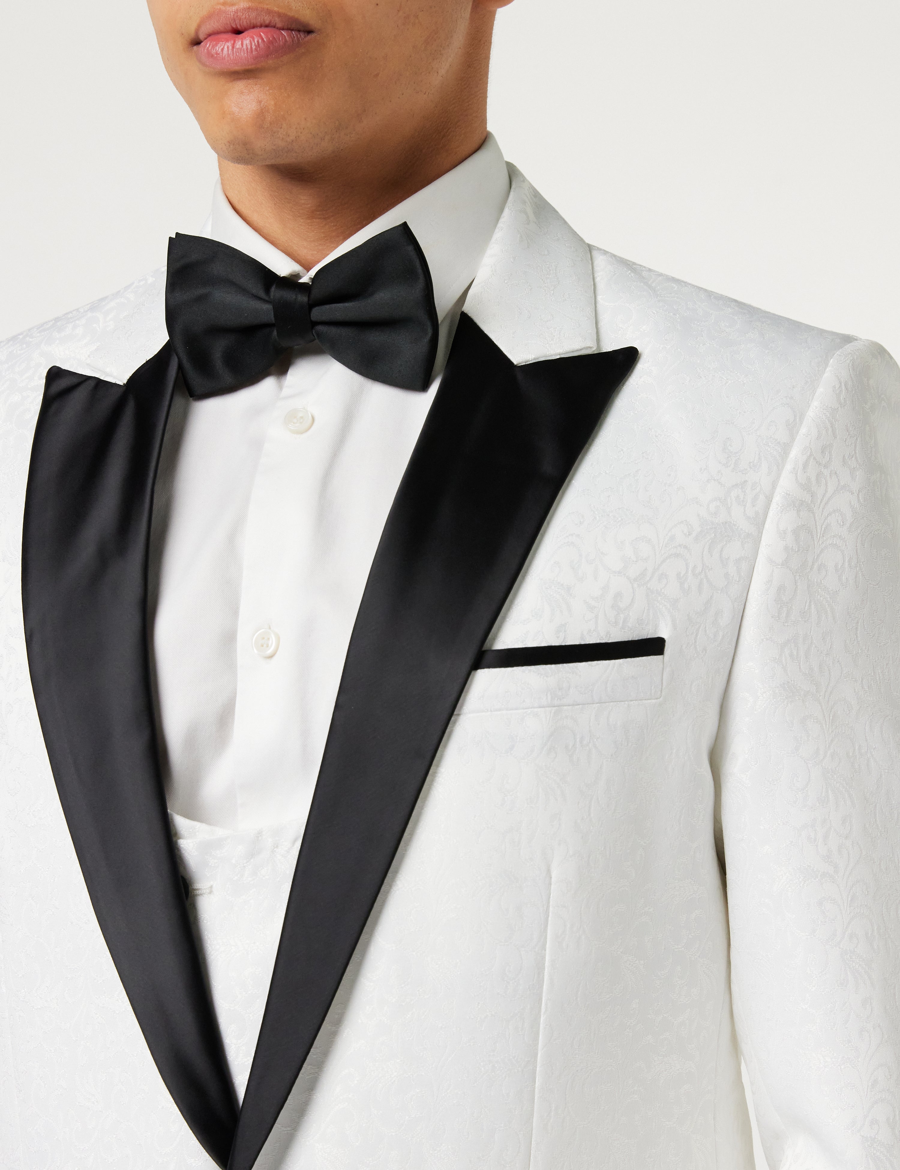 BRIAN - Floral Jacquard Print White Tuxedo Jacket With Waistcoat