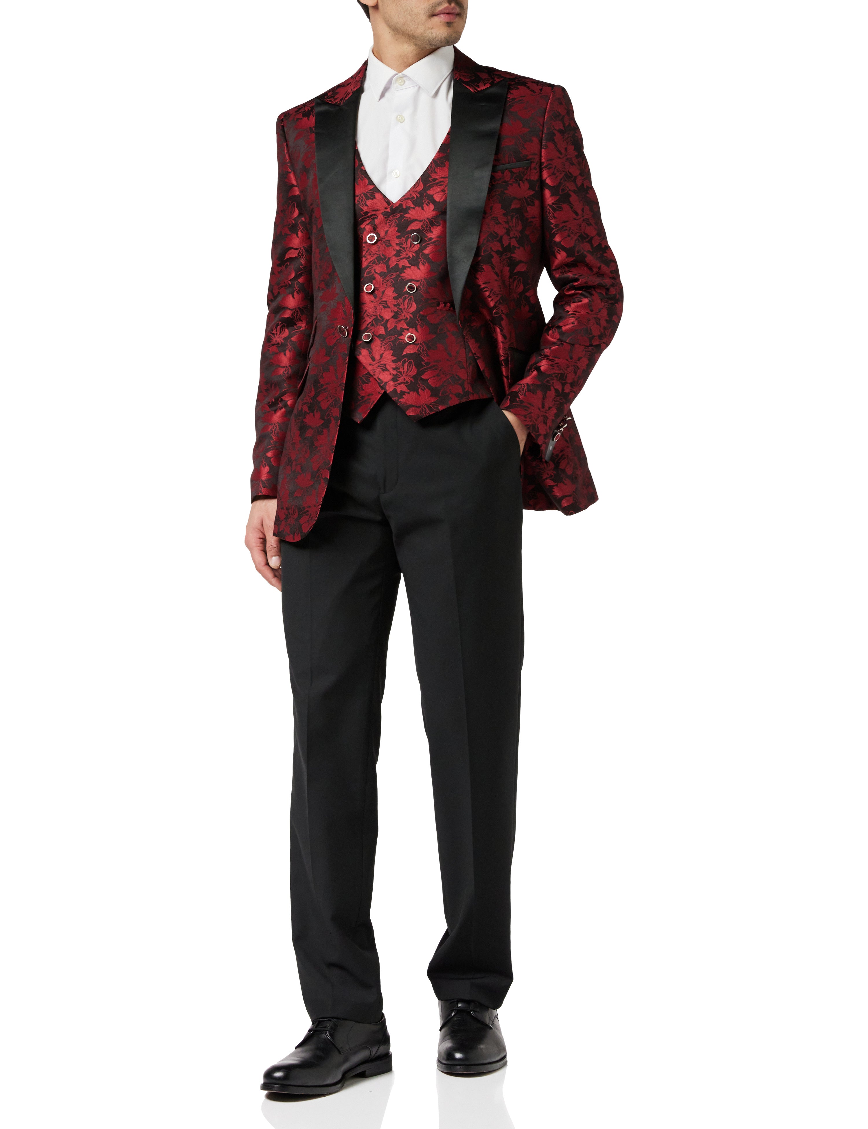 Mens Grooms 3 Piece Wedding Suit Vintage Paisley Classic Tailored Tuxedo Jacket Red