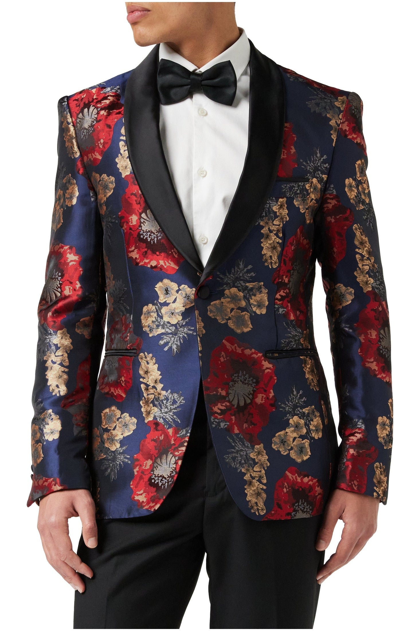 Flocked Floral Red Navy Tux Jacket
