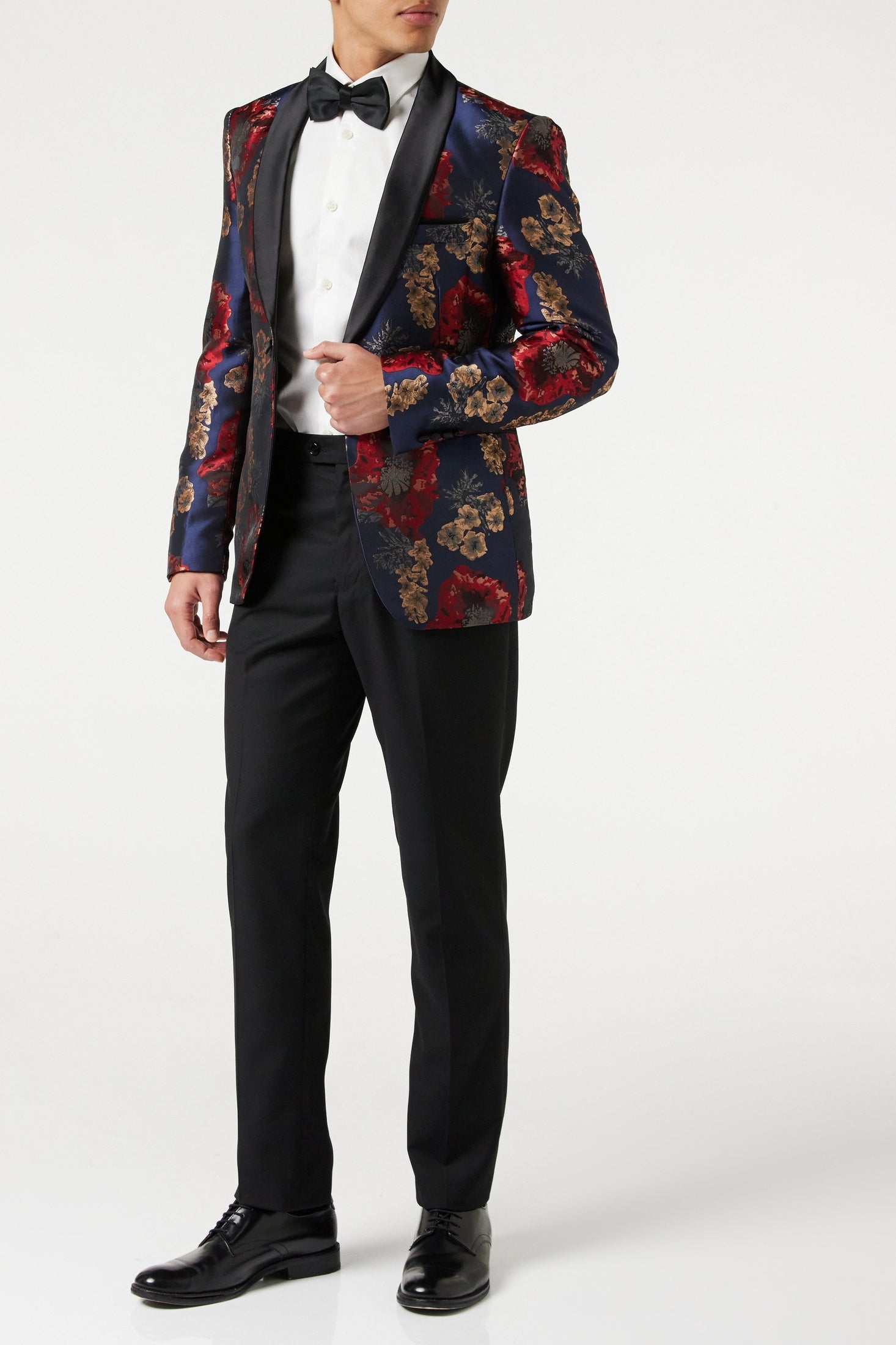 Flocked Floral Red Navy Tux Jacket