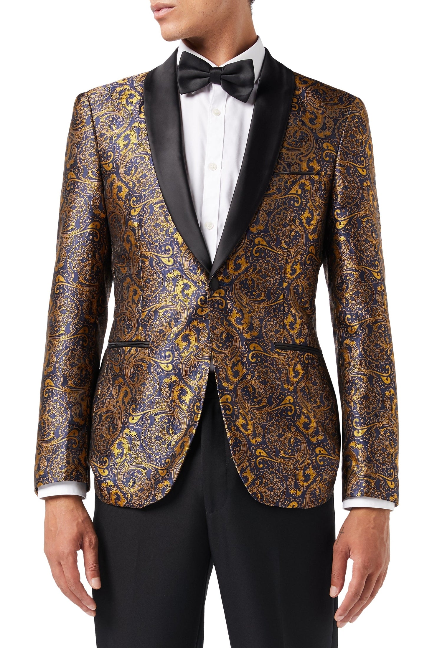 Gold Paisley Print on Navy Tuxedo Jacket