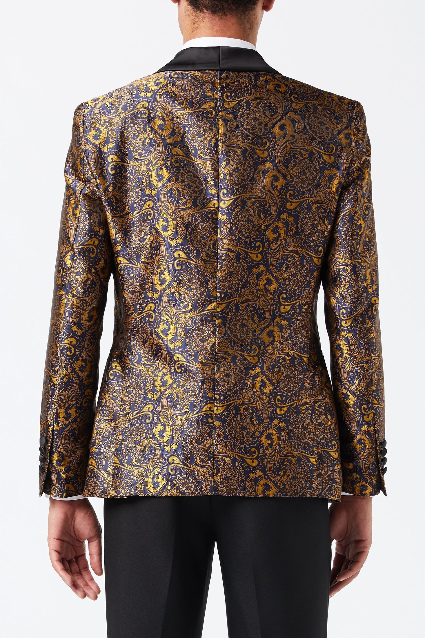 Gold Paisley Print on Navy Tuxedo Jacket