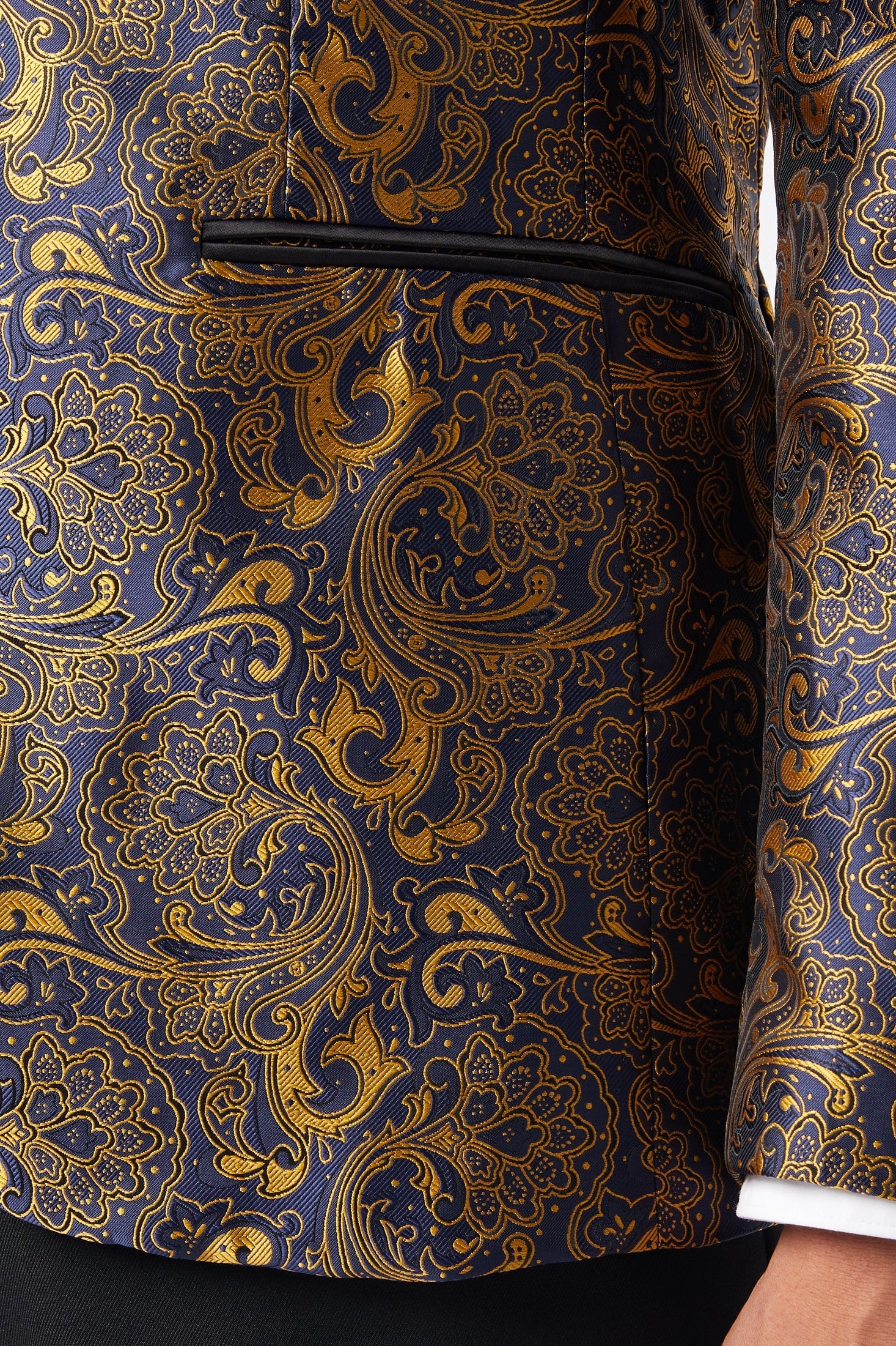 Gold Paisley Print on Navy Tuxedo Jacket