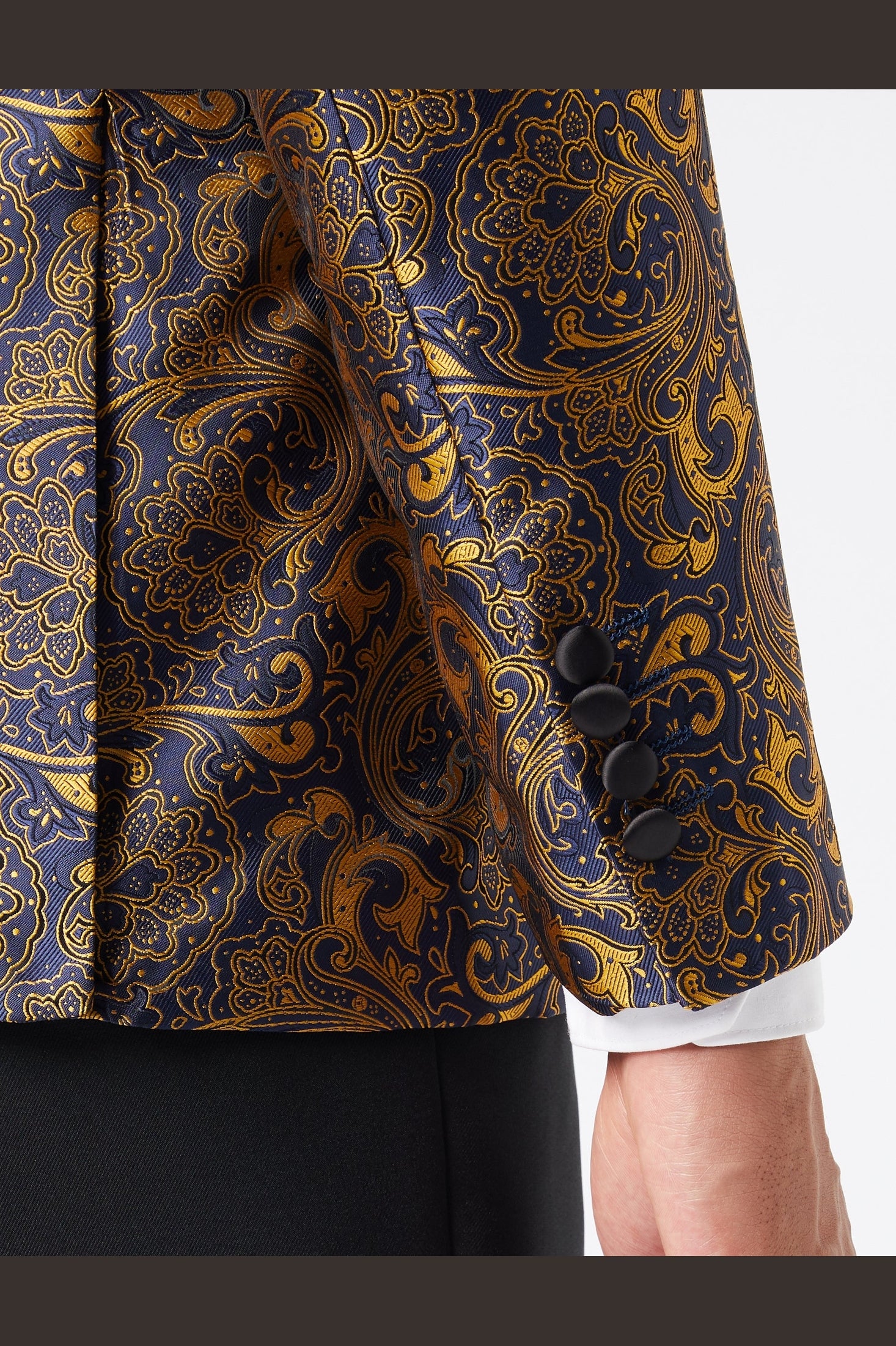 Gold Paisley Print on Navy Tuxedo Jacket