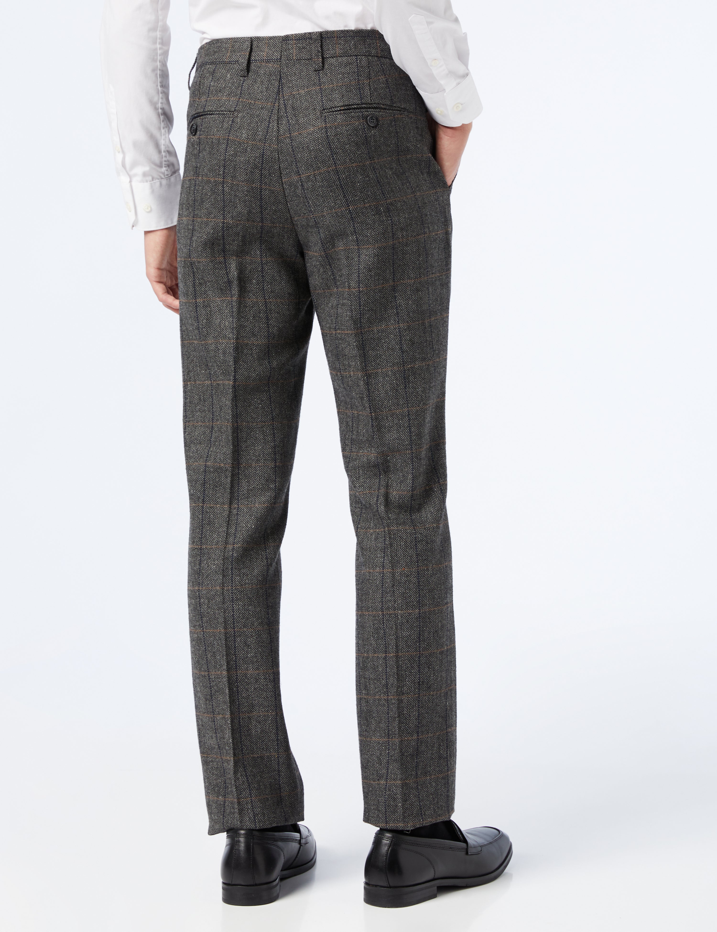 TWEED HERRINGBONE CHECK TROUSERS IN GREY