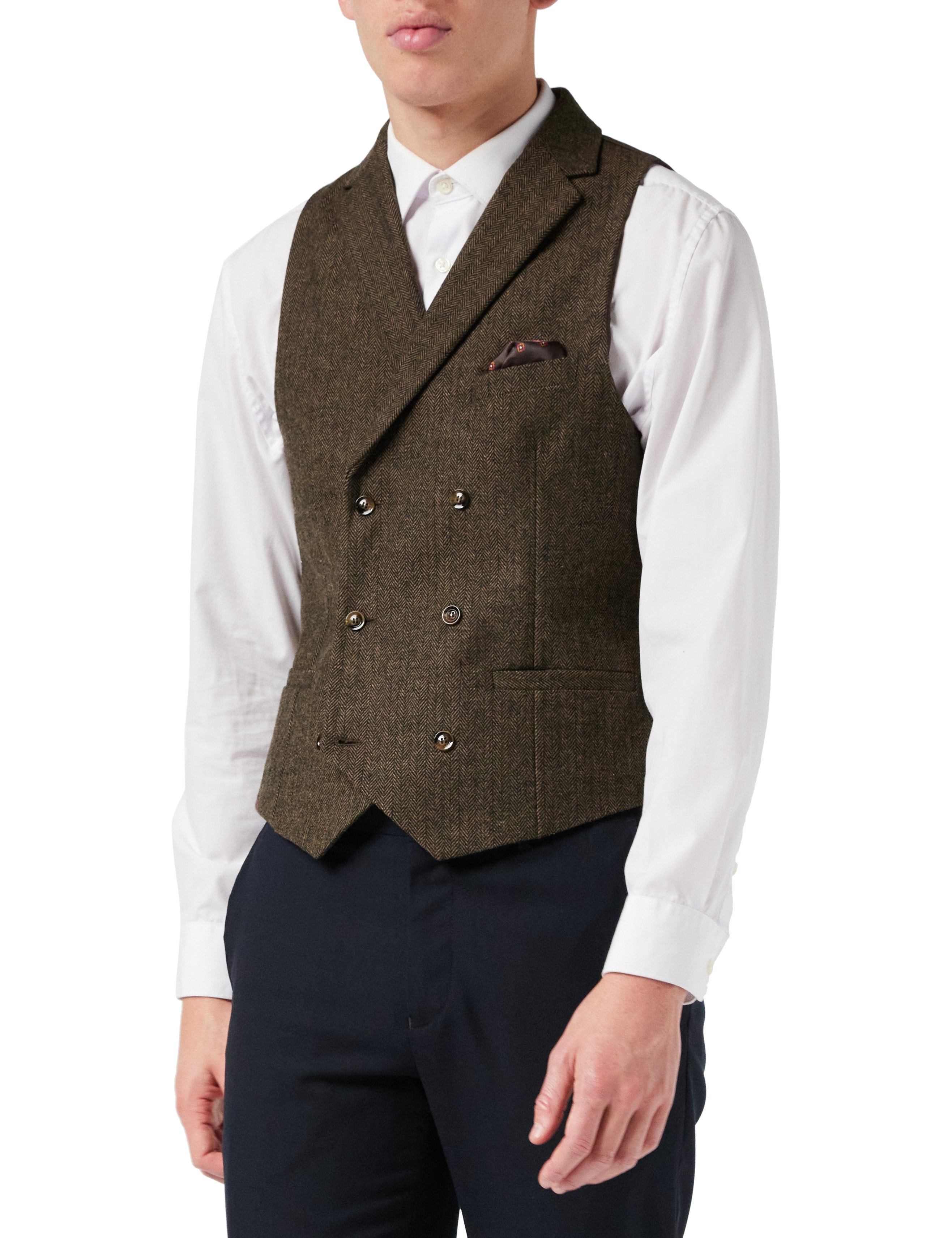 Herringbone Double Breasted Waistcoat In Brown