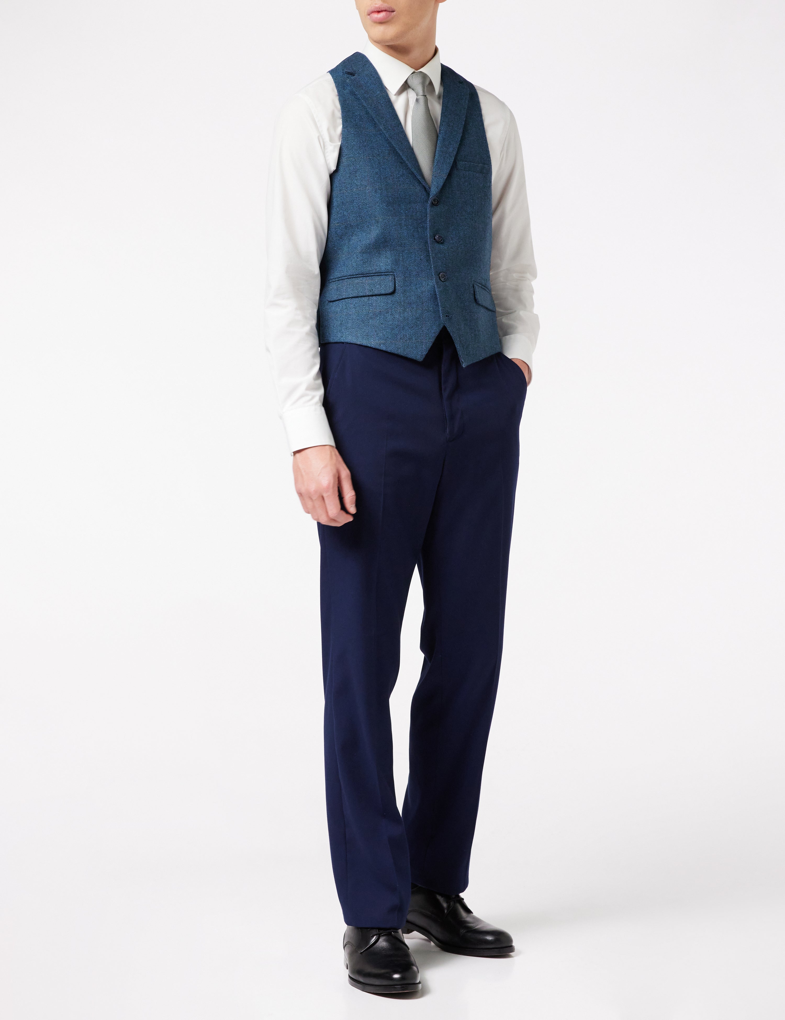 KANO - HERRINGBONE CHECK TWEED NAVY WAISTCOAT