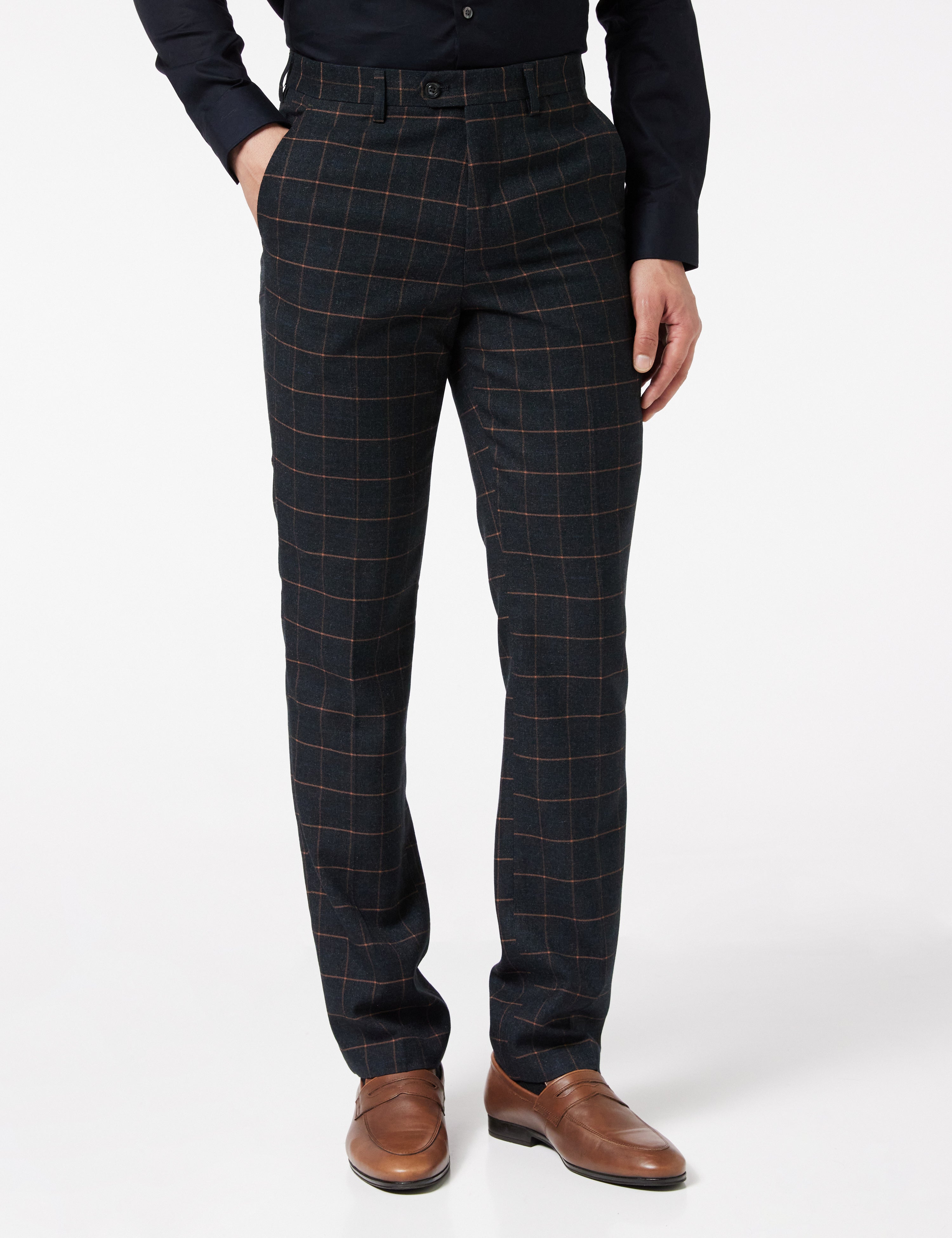 ROGER 7 - Mens Black Formal Suit Check Trousers Vintage Style