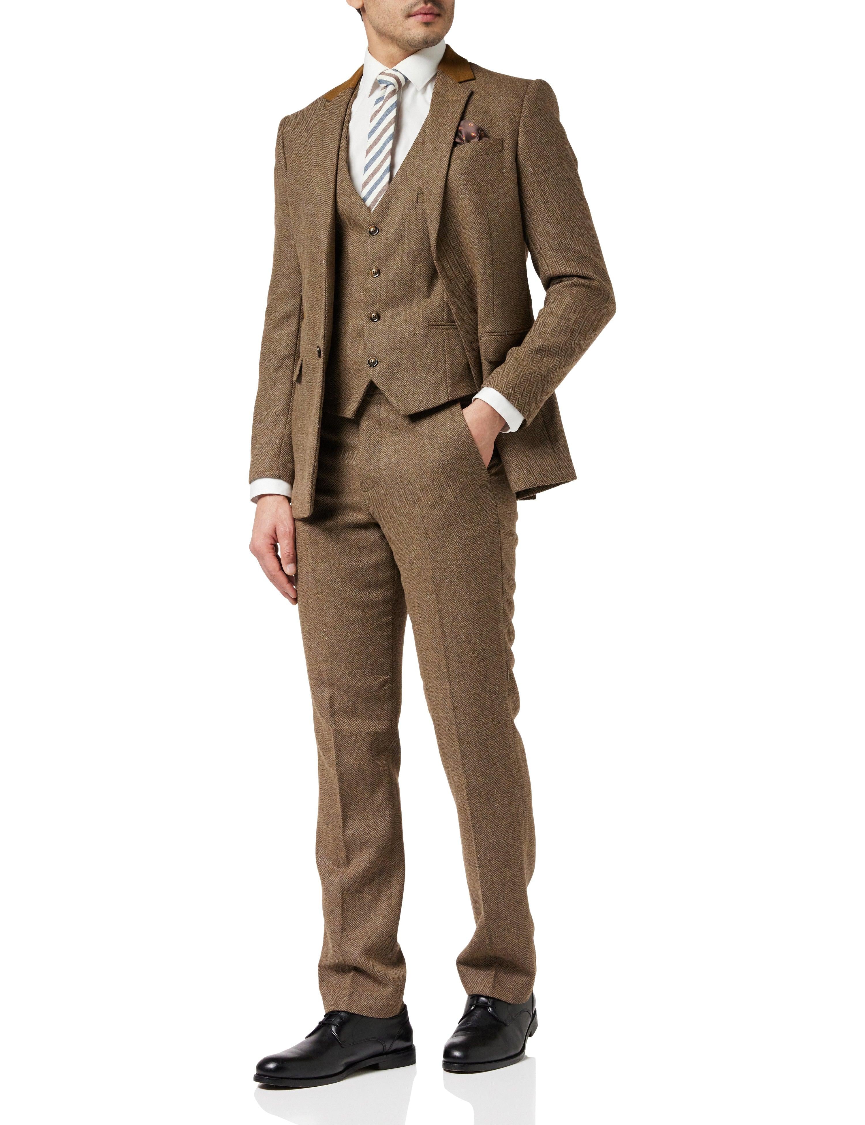 Herringbone Tweed Suit in Tan Brown