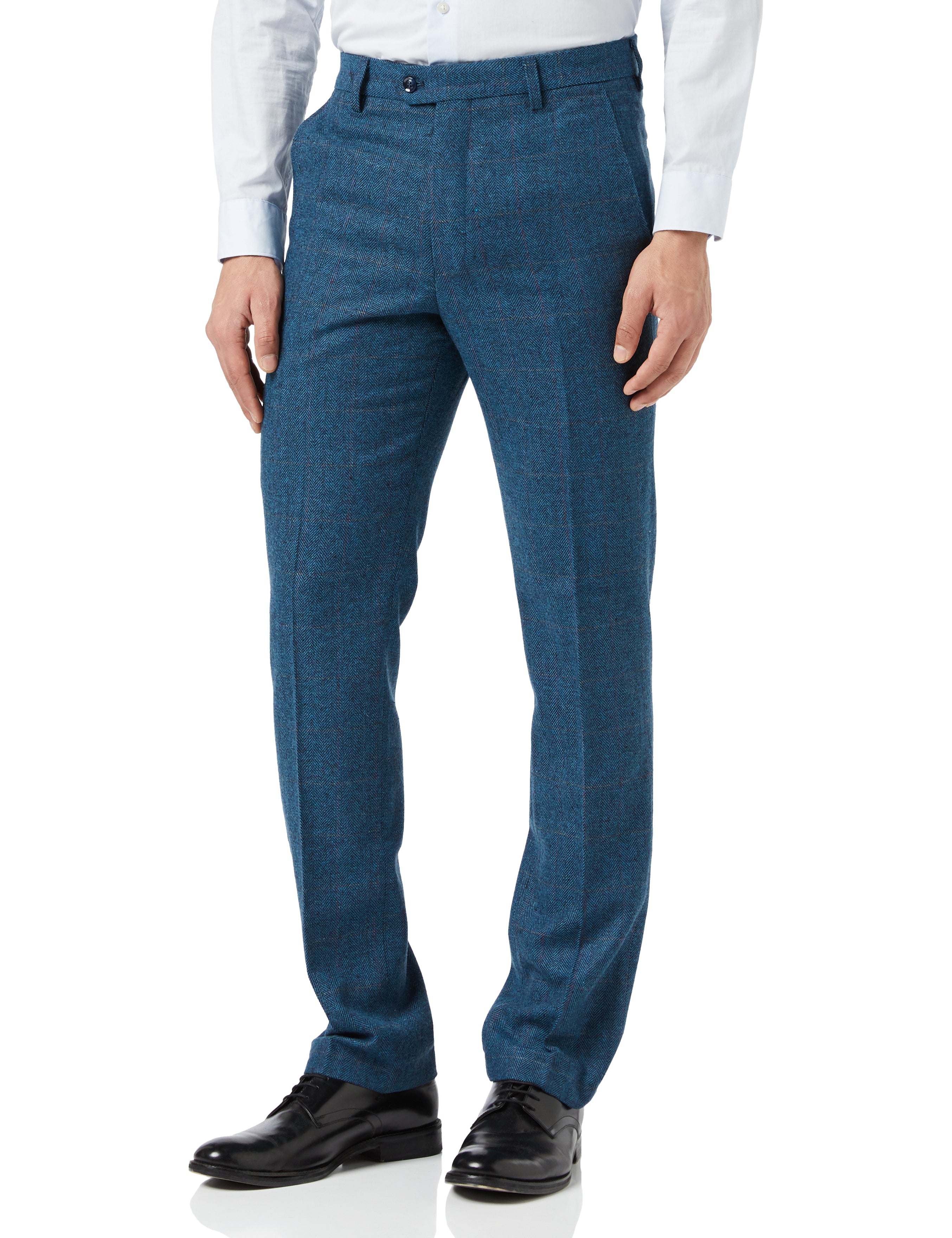 Mens Navy Blue Double Breasted Tweed Herringbone Trousers