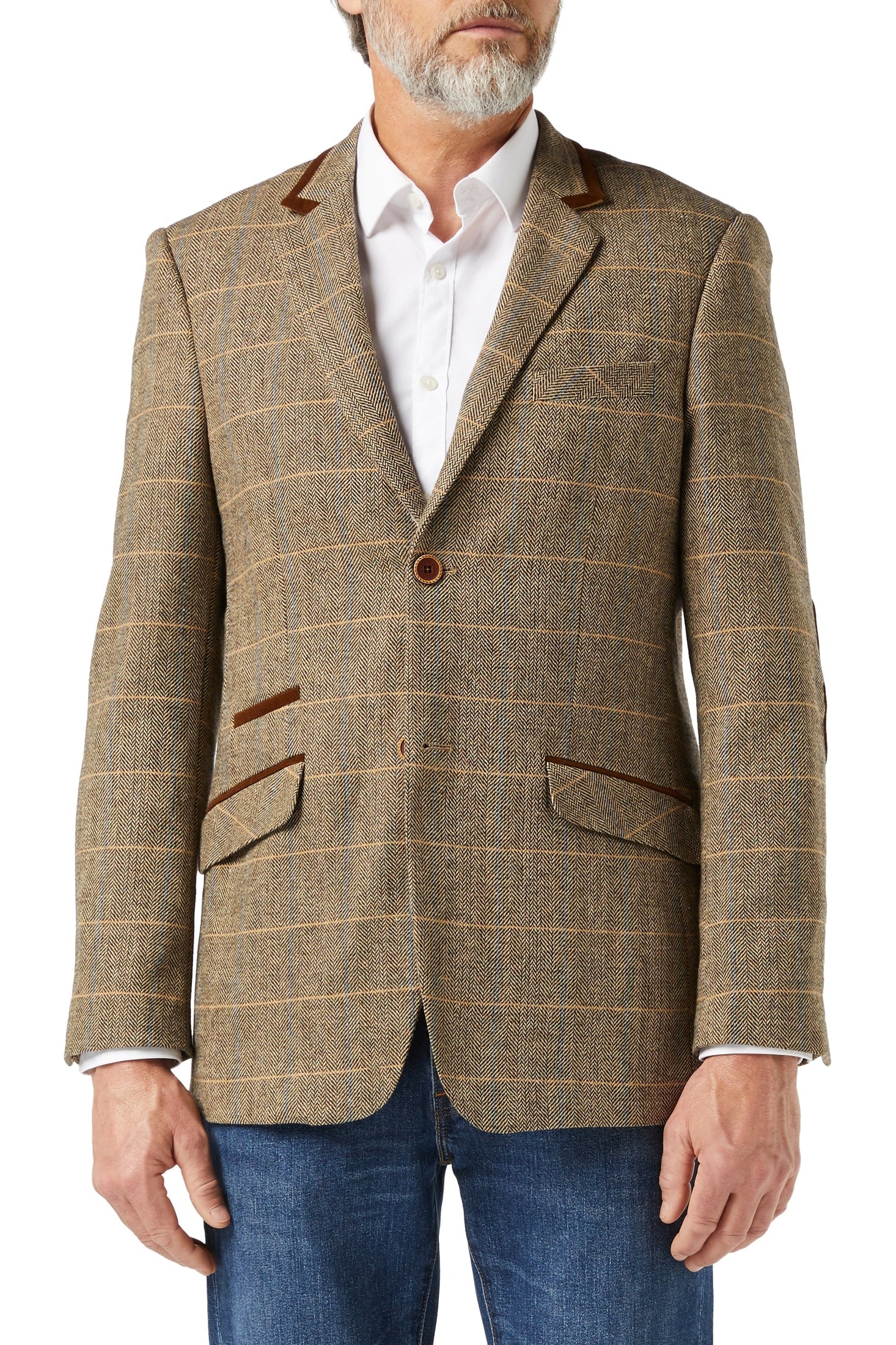 ELTON - BROWN TWEED BLAZER WITH VELVET TRIM COLLAR