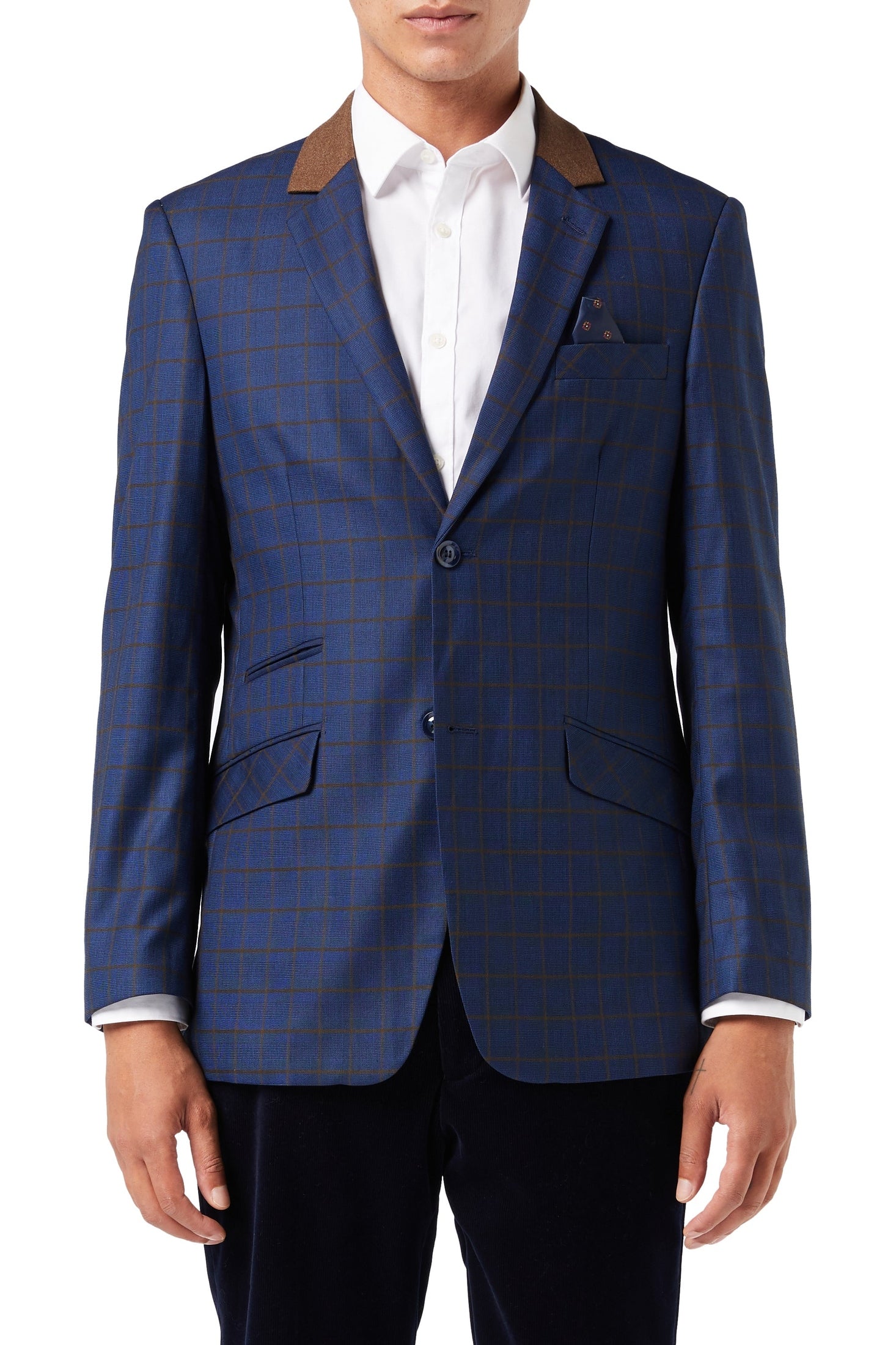 FALCO – Windowpane Check Tan on Navy Blazer