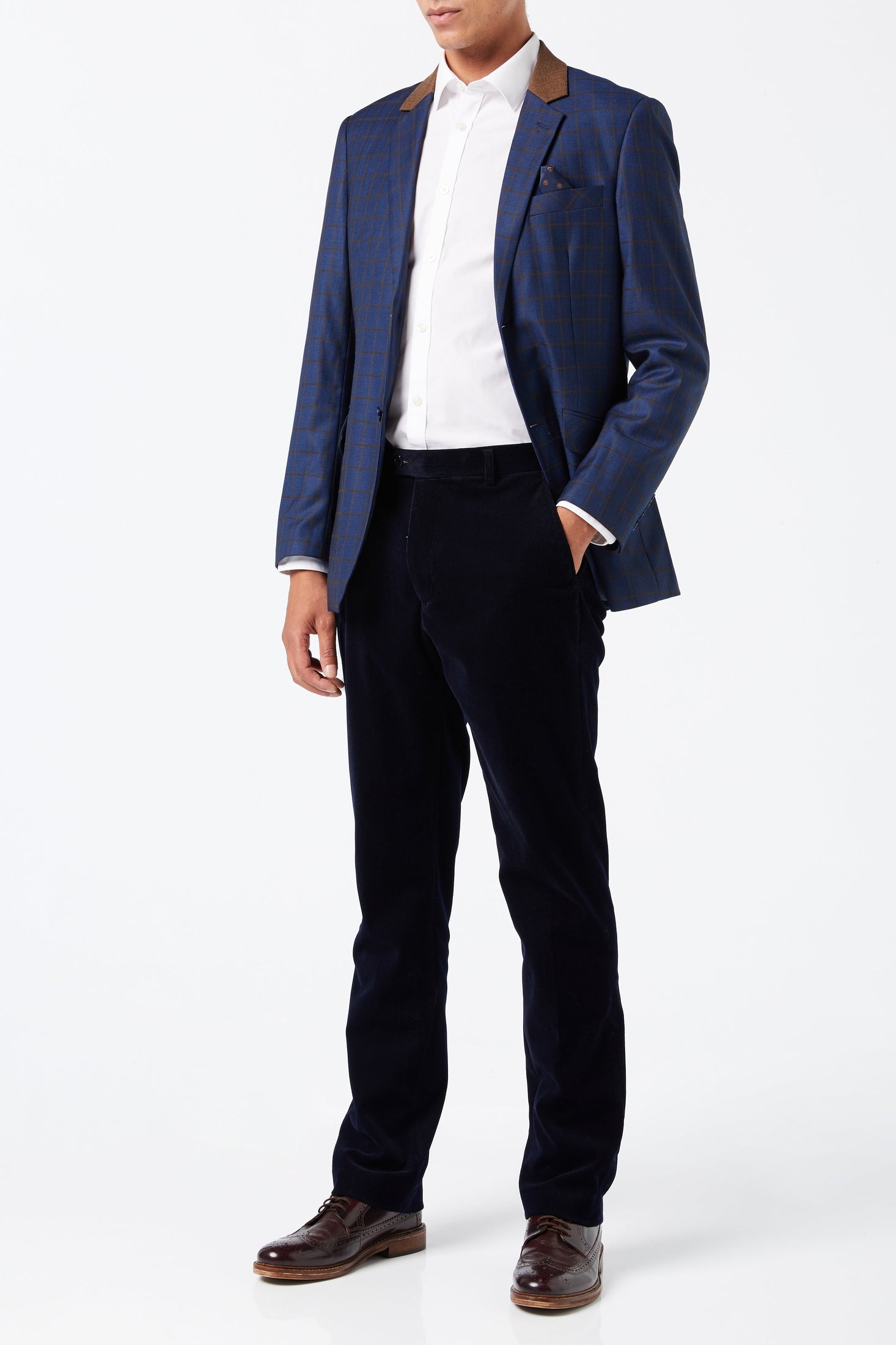 FALCO – Windowpane Check Tan on Navy Blazer