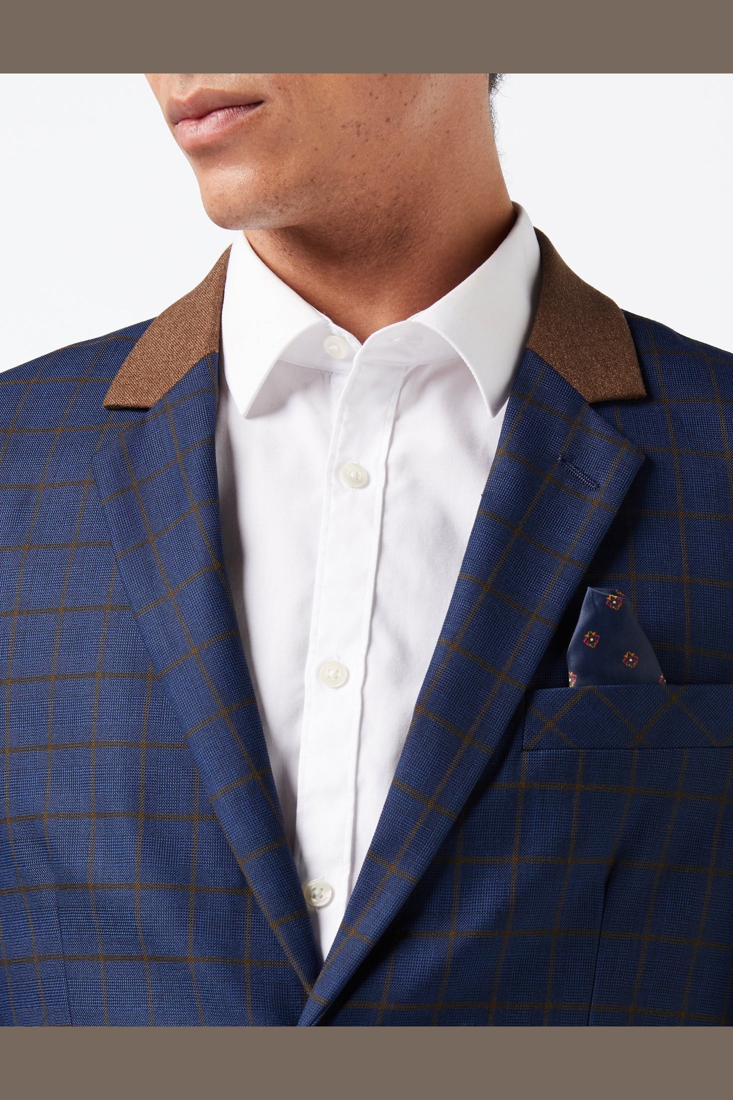 FALCO – Windowpane Check Tan on Navy Blazer