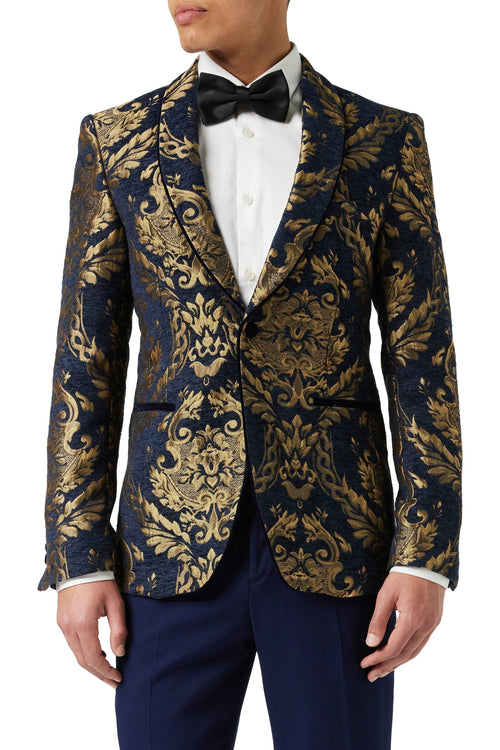Blazer aus goldenem Brokat auf beflocktem marineblauem Samt-Jacquard