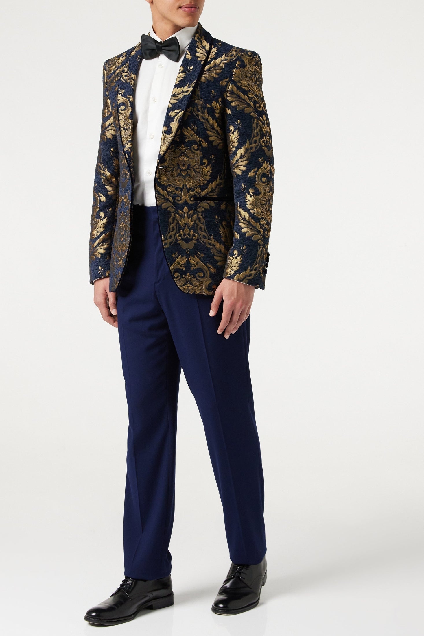 GLEN - Gold Brocade on Flocked Navy Velvet Jacquard Blazer
